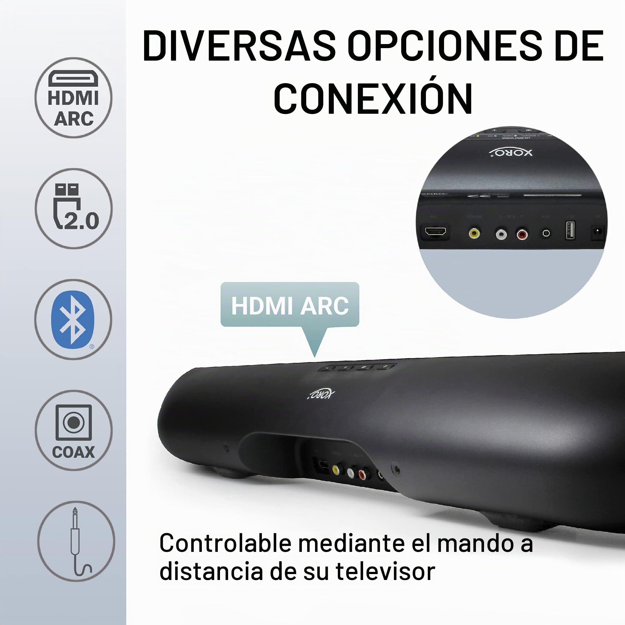 XORO Altavoz estéreo para televisión HSB 70 con Bluetooth, 60 W de Potencia de Salida, AV IN, HDMI ARC, Reproductor Multimedia USB 2.0, Incluye Soporte de Pared, Mando a Distancia por Infrarrojos