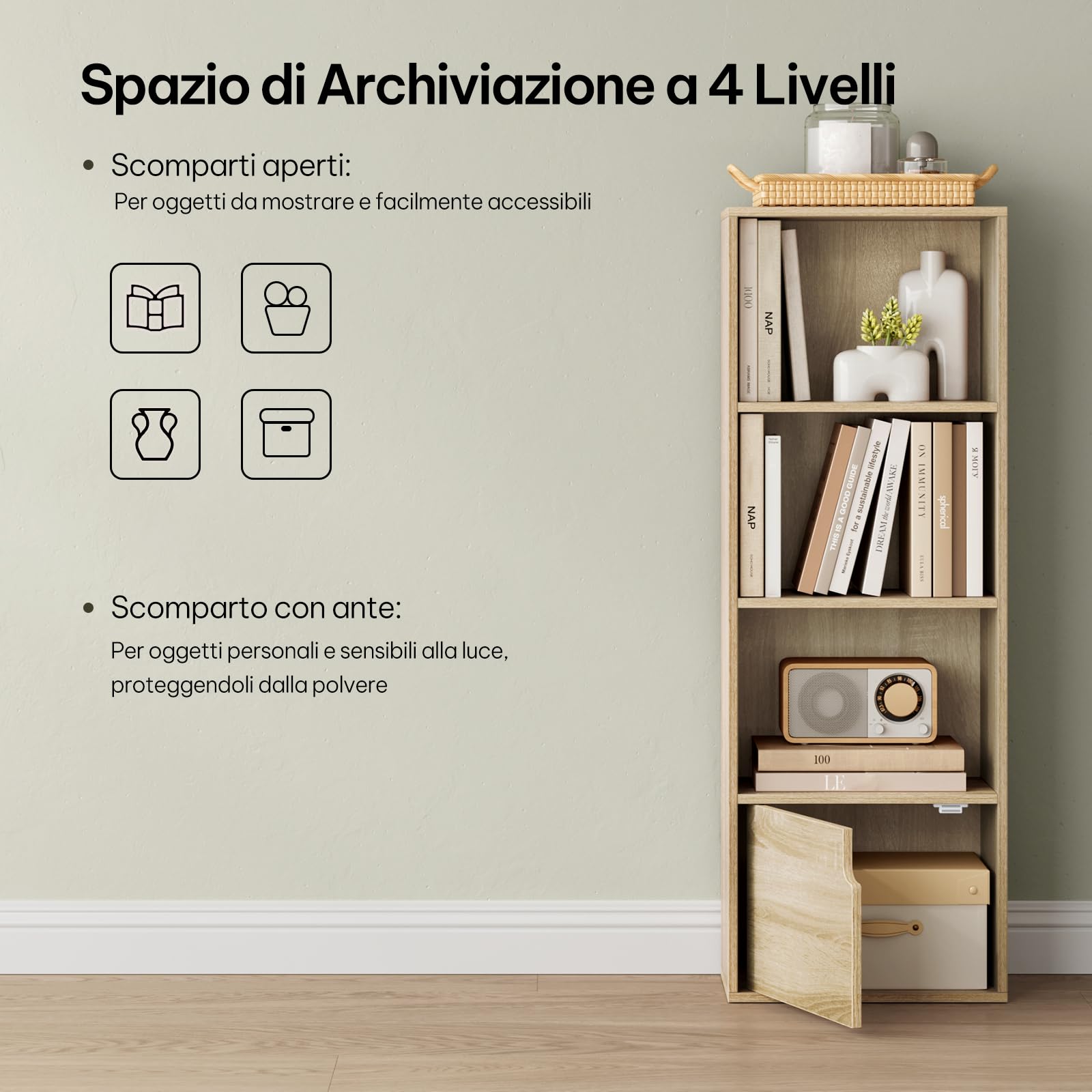 eSituro Libreria Verticale con 3 Scomparti a Giorno e 1 Armadietto, Scaffale Salvaspazio per Studio, Ufficio, in Truciolare e MDF, Legno Chiaro, 34x24x106 cm