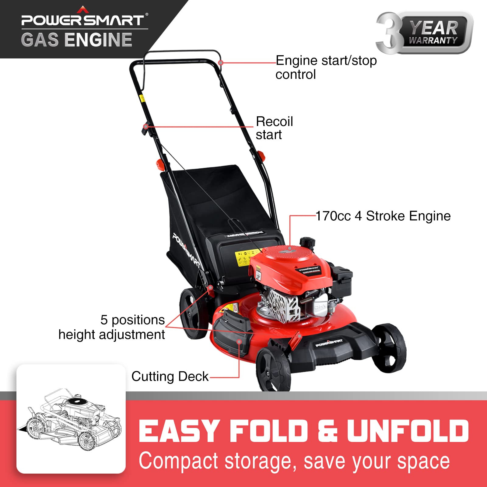 Buy PowerSmart Push Lawn Mower Gas Powered with Bagger 21 Inch, 3 in