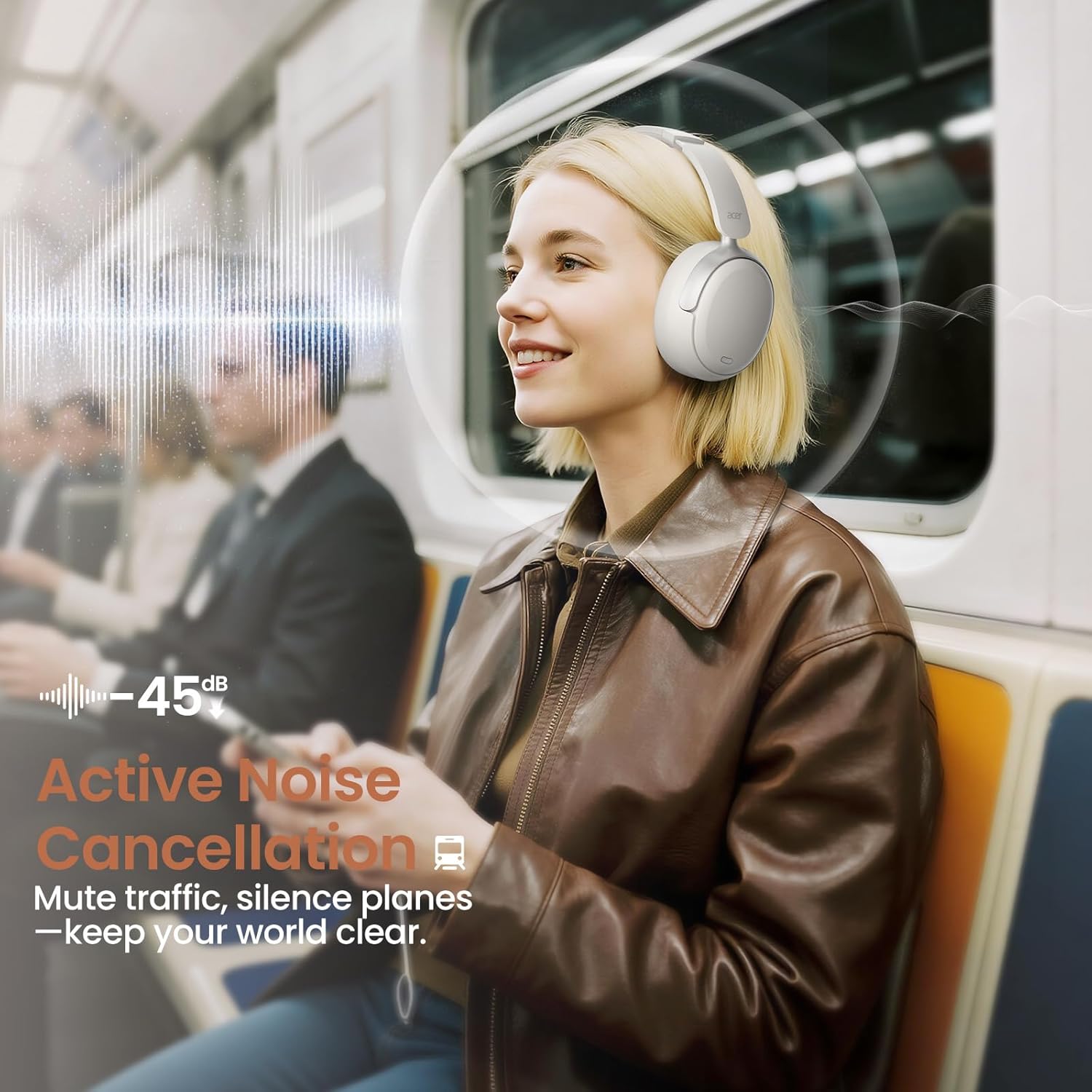 acer OHR516 Wireless Over Ear Headphones with Active Noise Cancellation, 60H Playtime Bluetooth 5.4, 40mm Drivers, Dual Device Pairing, Comfortable Foldable Design (White) - Image 2