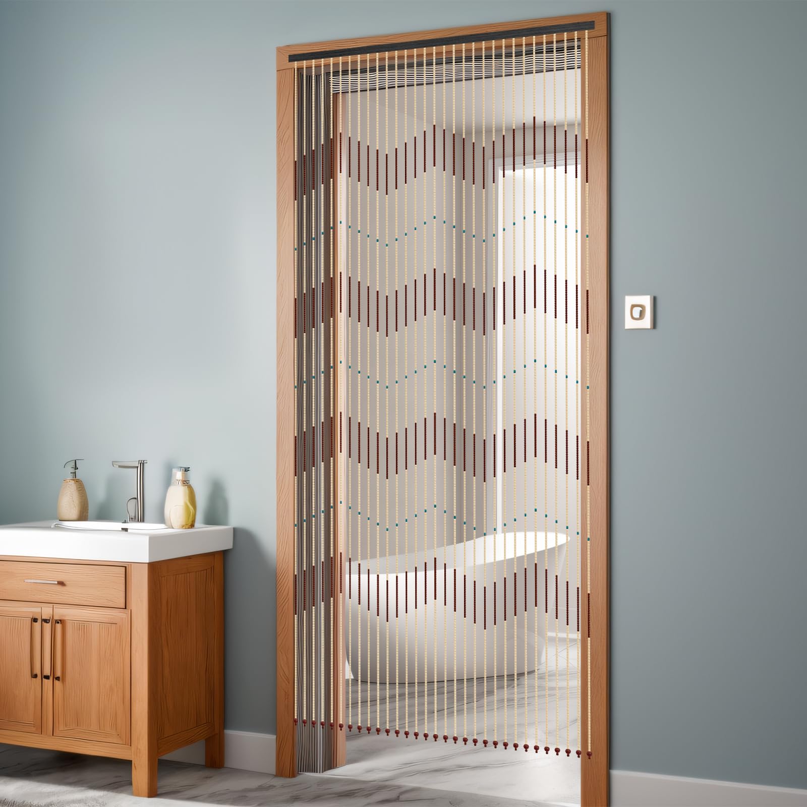 Rideau de porte rétro en perles de bois - 31 lignes - Rideau de perles en bois - Rideau de séparation - Rideau de séparation - 220 x 90 cm