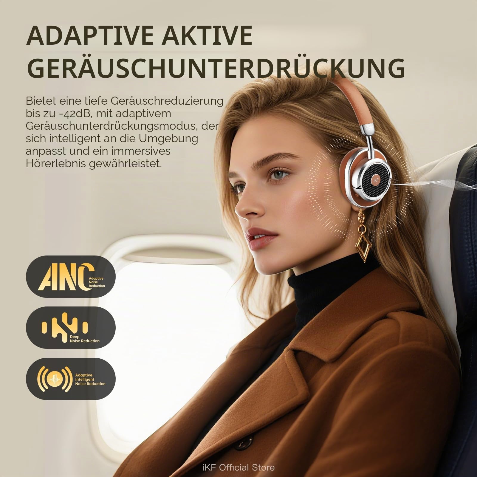 iKF Rona Retro Kopfhörer Bluetooth Mit Adaptive Noise Cancelling, Vintage Kopfhörer Kabellos, Hi-Res Audio, bis zu 75 Stunden Spielzeit, HD-Mikrofon, Transparenz Modus,Custom EQ über App(Braun)