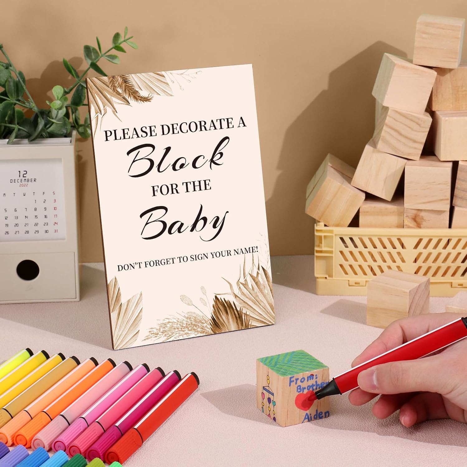 wookidel Baby Shower Games Sign Kit with 50 Blank Wooden Blocks, 24 Acrylic Paint Marker and Wooden Sign, Blocks for Baby Shower Games, Gender Reveals Party (Boho)