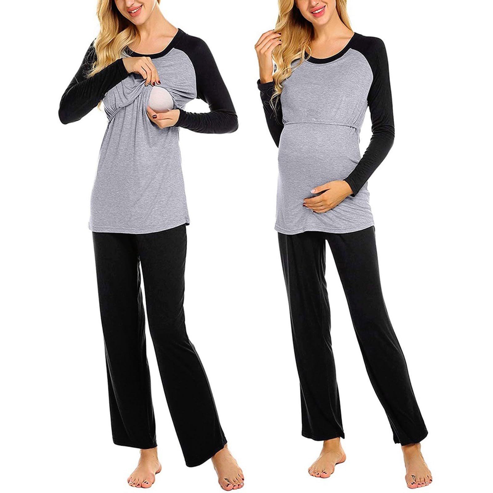 Still Pyjama Damen Schlafanzug Lang Schwangerschaft Langarm Thermo Umstandsschlafanzug Set Baumwolle Winter Umstandspyjama Stillpyjama Umstandsmode Schlafanzüge Stillfunktion Nachtwäsche für Stillzeit