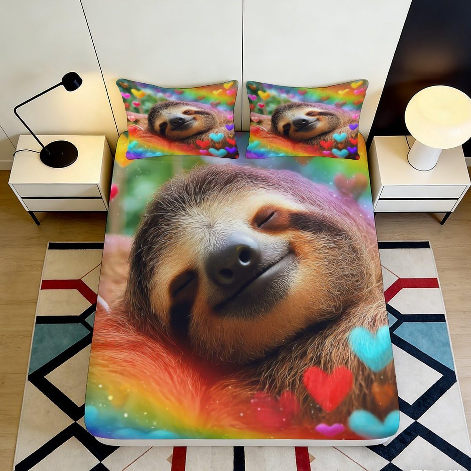 3D Printed Rainbow Sloth Fitted Sheet Microfiber Deep Pocket Non-Slip for Bedroom Rainbow Sloth Mattress Fitted Cover Washable 200x200x25cm 90x200x25cm
