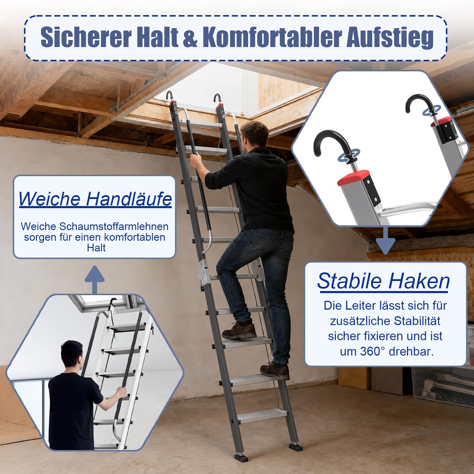 Klappbare Dachbodentreppe mit Handlauf ＆ Haken, 3–3,2m Deckenhöhe Aluminium-Bodentreppe, 12-stufige Dachbodenleitern mit Rutschfesten Stufen ＆ Fußpolstern, Tragfähigkeit 150kg