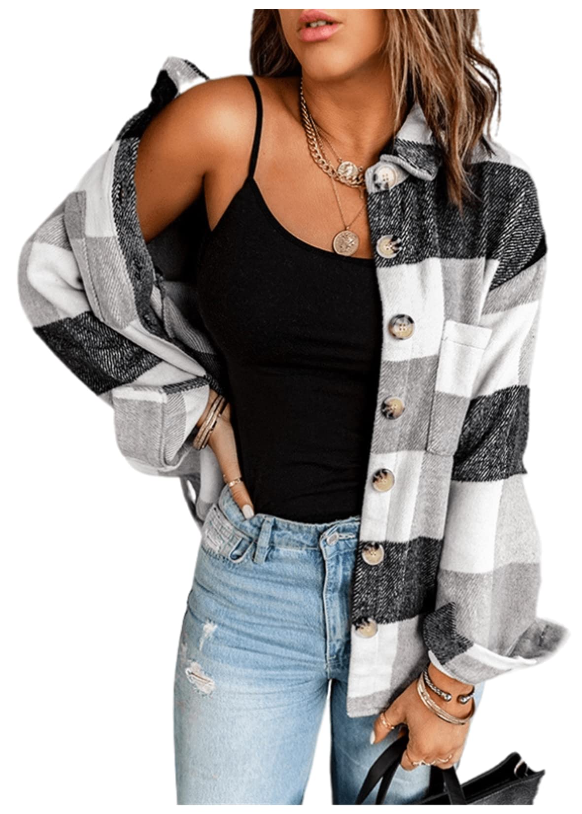 Damen Kariertes Knöpfen Langarm Oversize Bluse Mantel Hemdjacke Holzfällerjacke Mode Boyfreind Hemdbluse Mit Brusttaschen