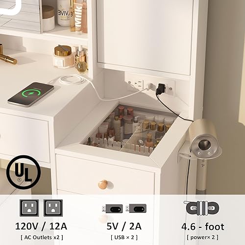 Miniatura 6 de Escritorio de tocador con espejo, luces y estación de carga, mesa de tocador con tapa de cristal de 3 cajones con armario para joyas, 42.8 pulgadas