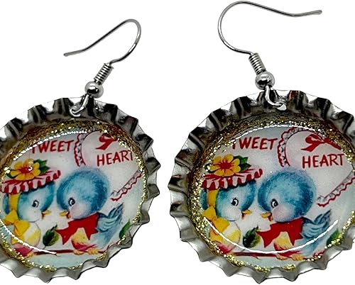 Miniatura 2 de Vintage Valentine Birds, Bottle Cap Earrings, Retro Jewelry