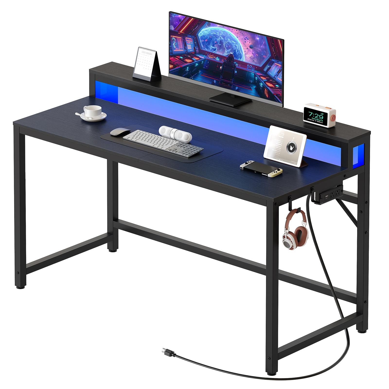 YATINEY 47.2" Computer Desk with Charging Station and LED Lights, Gaming Desk with Monitor Stand, 2-Tier Home Office Desk with 4 Side Hooks, for