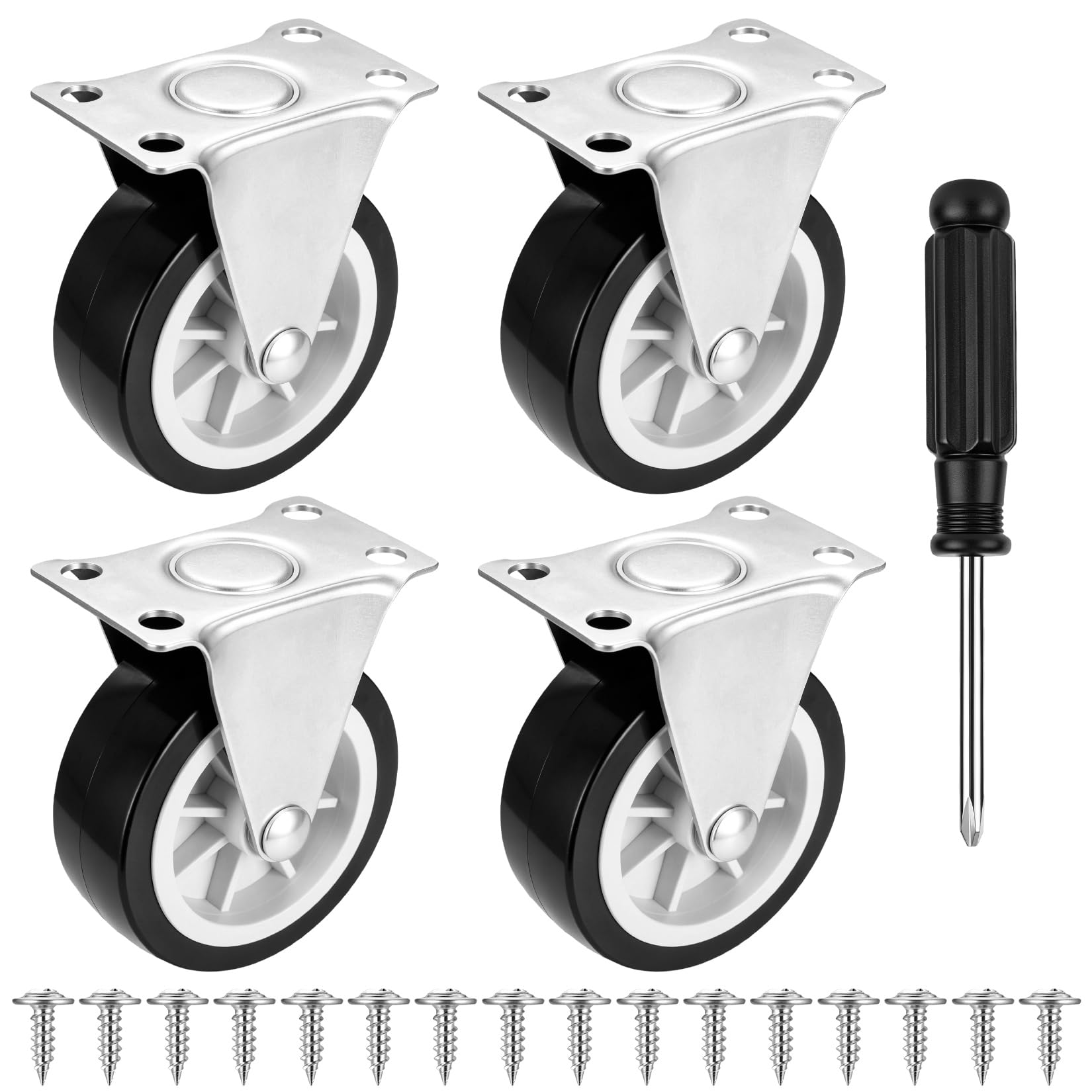 Biekezi 4 Pcs Heavy Duty Fixed Caster Wheels 75mm, Large Plate Mount Rubber Furniture Casters, Low Profile Straight Casters for Trolley, Workbench, Cabinet, Shelves, Equipment