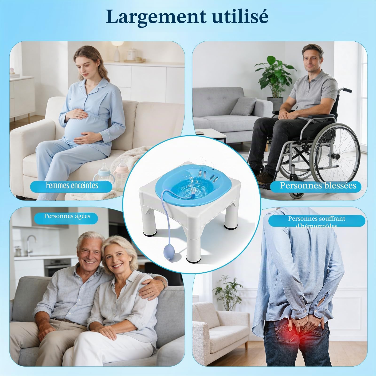 Bain de siège pour hémorroïdes – Baignoire d'assise portable adulte avec tabouret et fonction rinçage amovible, soin post-partum, compatible sel d'Epsom, pour un soulagement efficace à domicile
