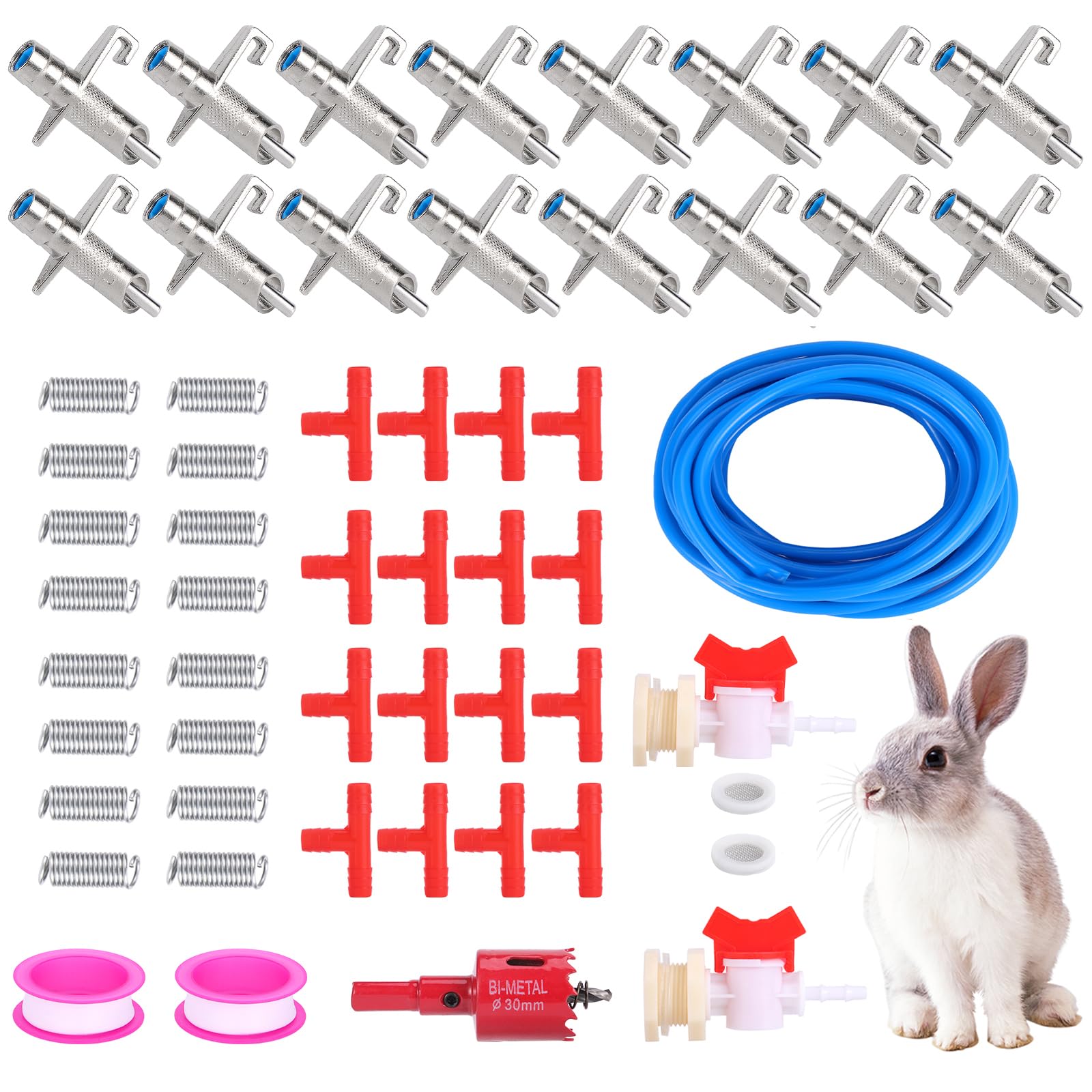 JLUHYANN Automatic Rabbit Watering System 16PC Rabbit Waterer Kit Include 16 Nipple Drinker Feeders with 33ft Hose Barb Fittings to G1/2" Thread