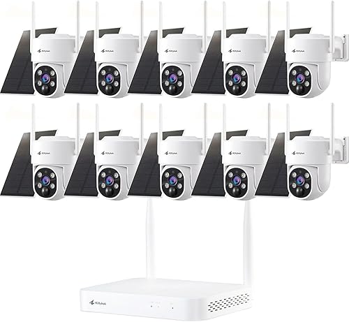 Kittyhok Sistema de cámara de seguridad solar inalámbrico para exteriores 10 unidades 2K Ultr Pan Tilt Cámara de seguridad solar para el hogar con