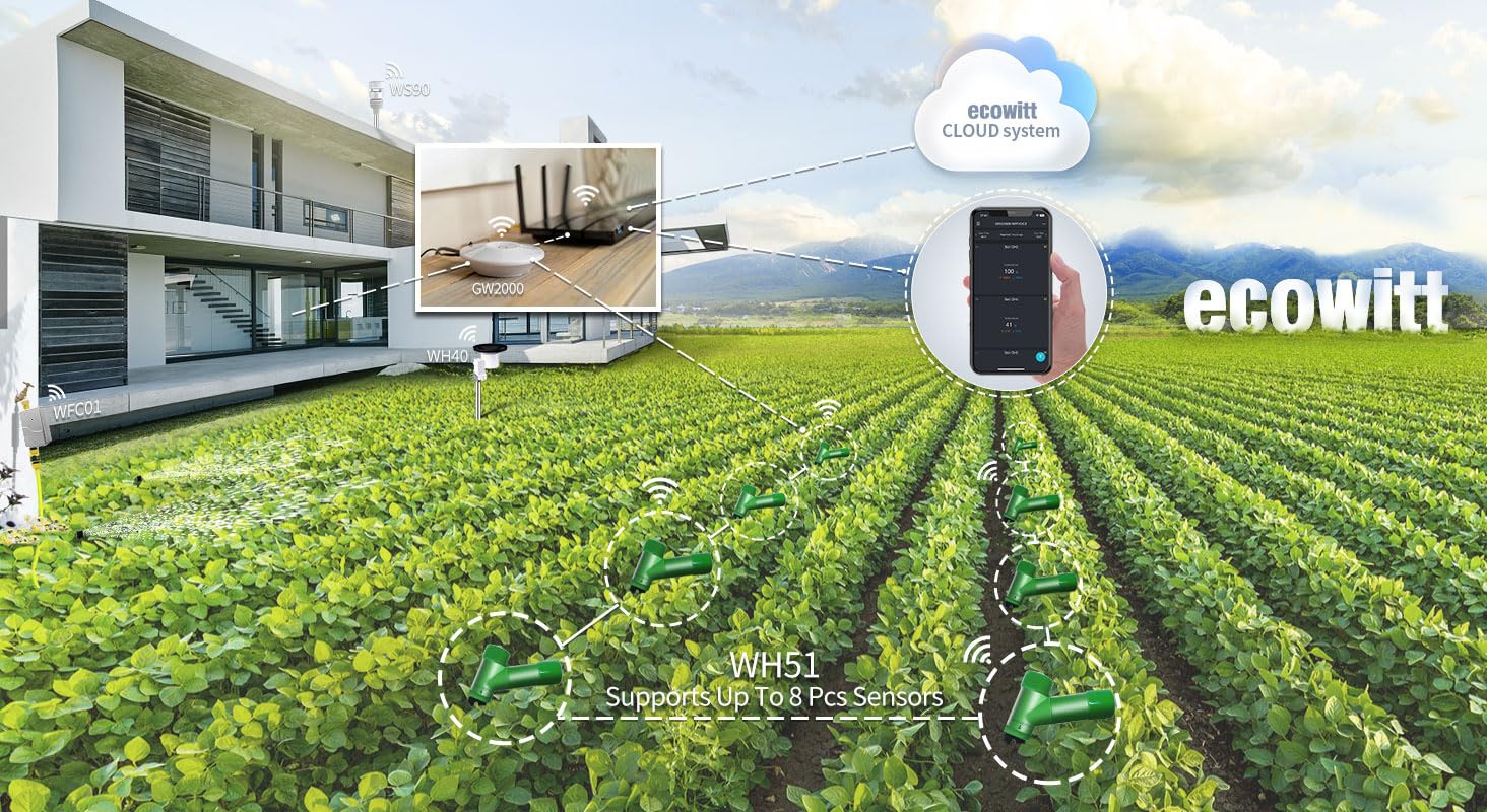 ECOWITT GW1206, Sensore di umidità del Suolo Senza Fili WH51, Tester igrometrico del Suolo vegetale + Gateway IOT Wi-Fi 3 in 1 GW1200