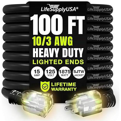 100ft Outdoor/Indoor Extension Cord 10/3 Gauge Ultra Heavy Duty 3 Prong SJTW, Waterproof, Flexible Cold-Resistant Long Power Cord,15A 125V 1875W, Black by LifeSupplyUSA