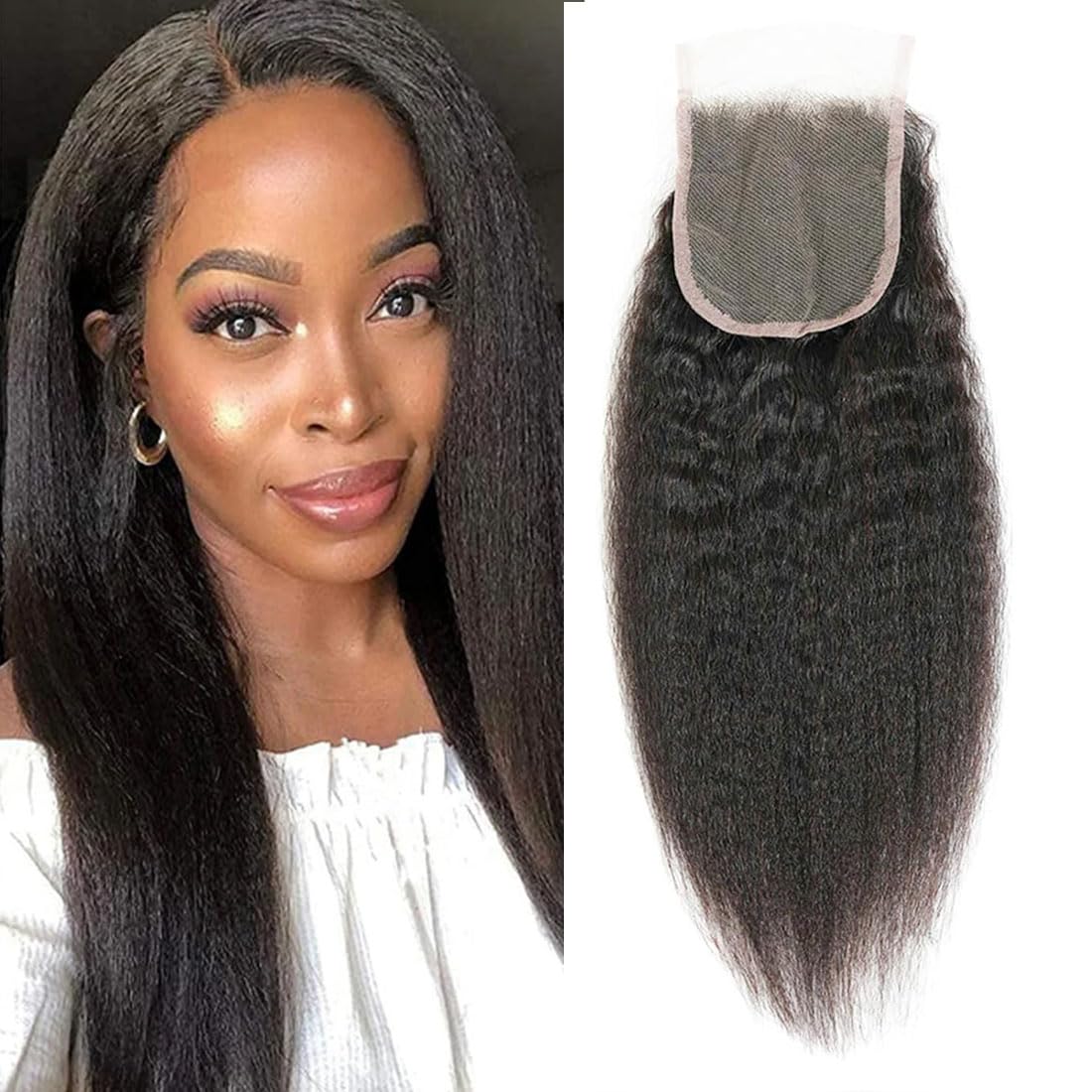 OLFORY 5x5 HD Lace Closure Kinky Straight Human Hair Yaki Straight 12A Brazilian Virgin Remy Frontal With Bundles 100% Human Hair 18 Inch