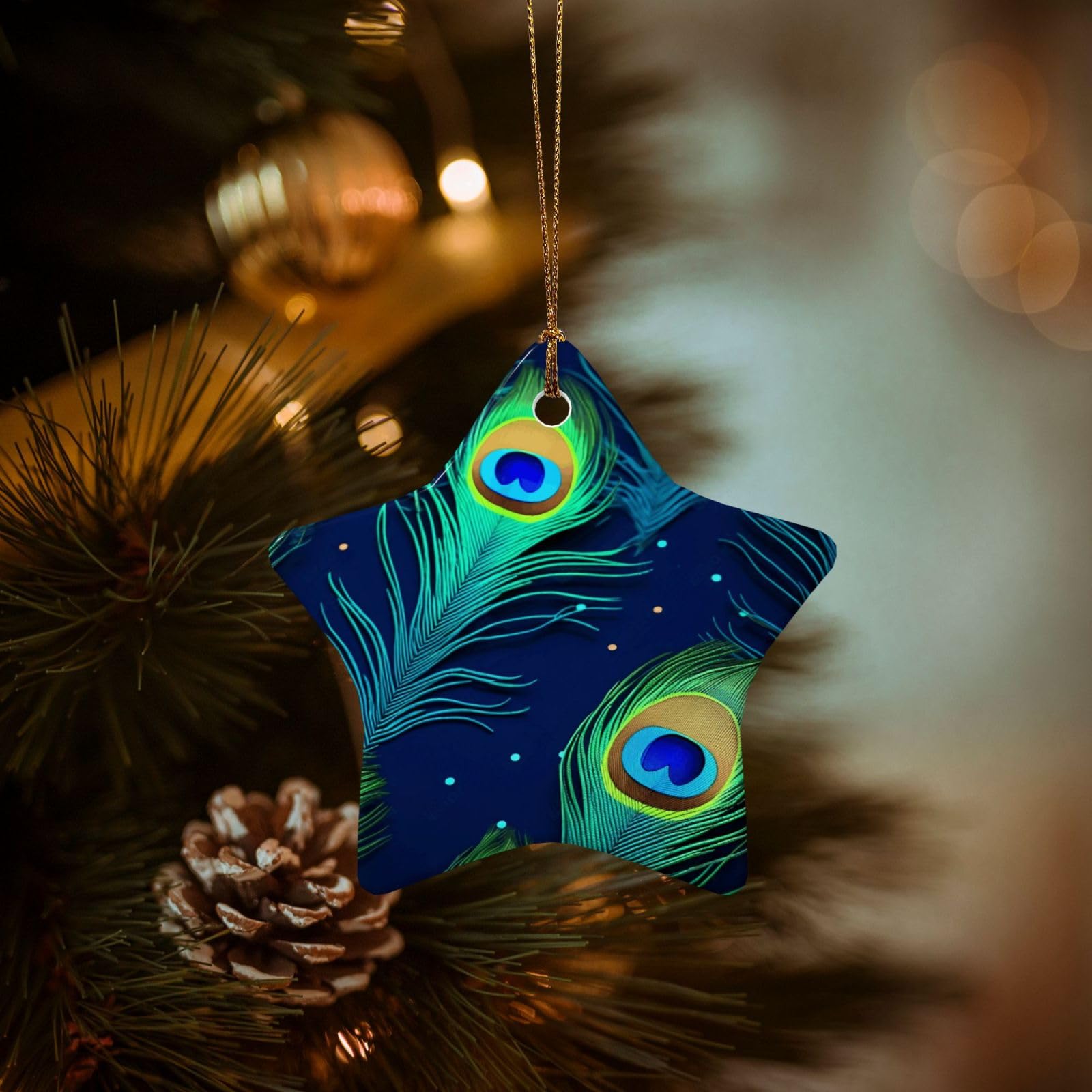 Christmas Tree Ornaments Ceramics Christmas Decorations Peacock Feather Ornaments with Gold Ribbon Porcelain Xmas Tree Crafts Star Shape Hanging Pendant for Christmas Tree Party Decor