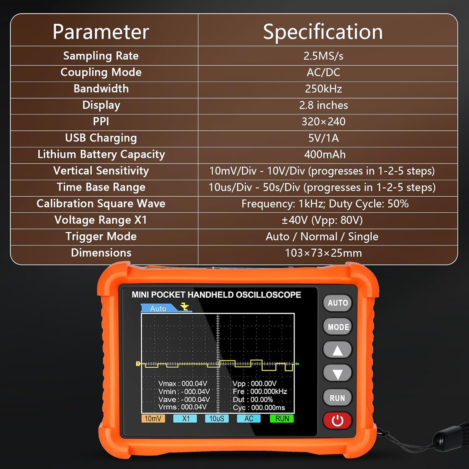 Handheld Oscilloscope, Digital Lab Oscilloscope Kit with 250KHz Bandwidth, 2.5MS/s High Sampling Rate, 2.8" TFT, 3 Trigger Functions, Portable USB Automotive Oscilloscope & Accessories