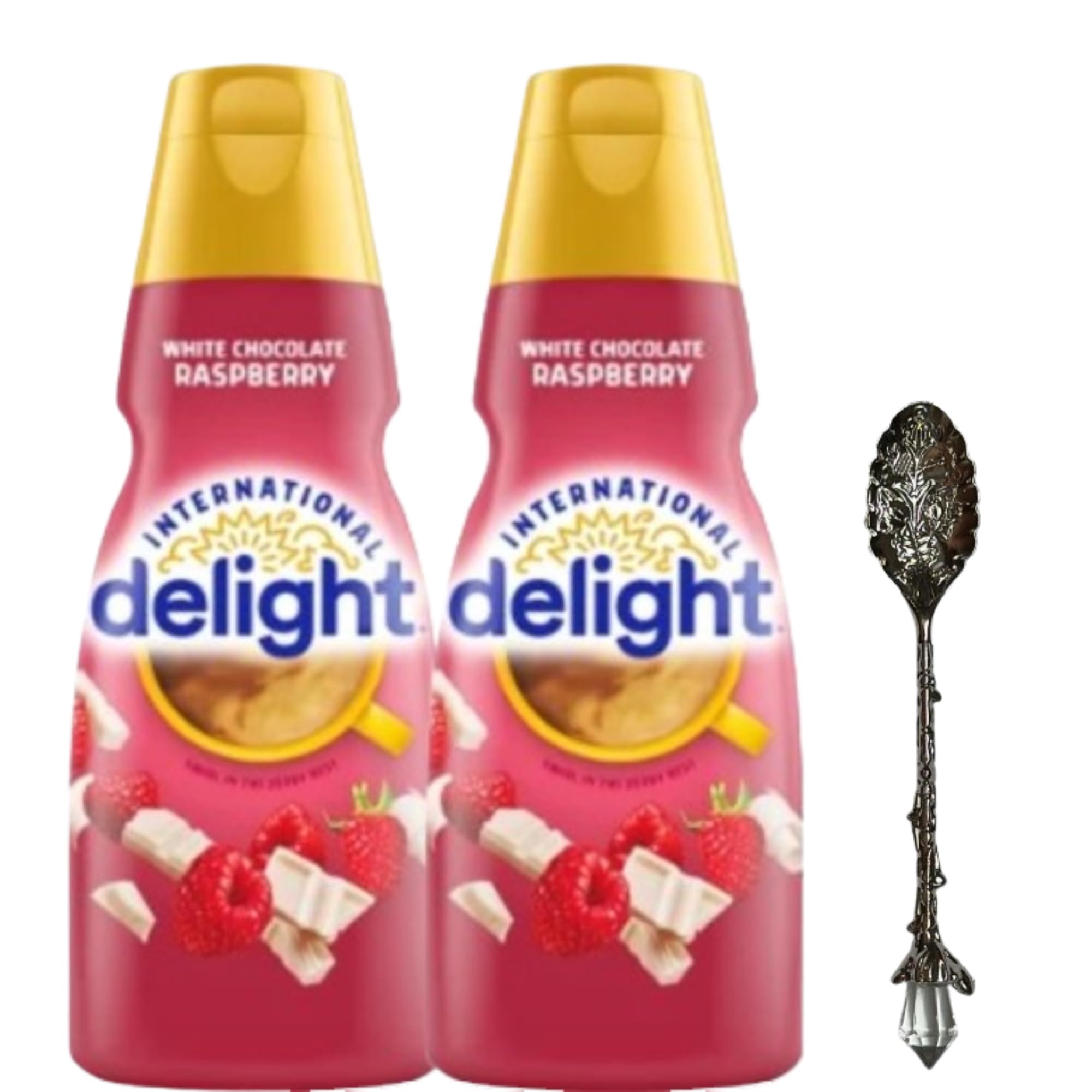International-Delight Liquid Coffee Creamer.- Two (2) 32 fl oz Bottles of Smooth & Creamy Delightful Coffee Creamer and Candy Freezer Gem Spoon (White