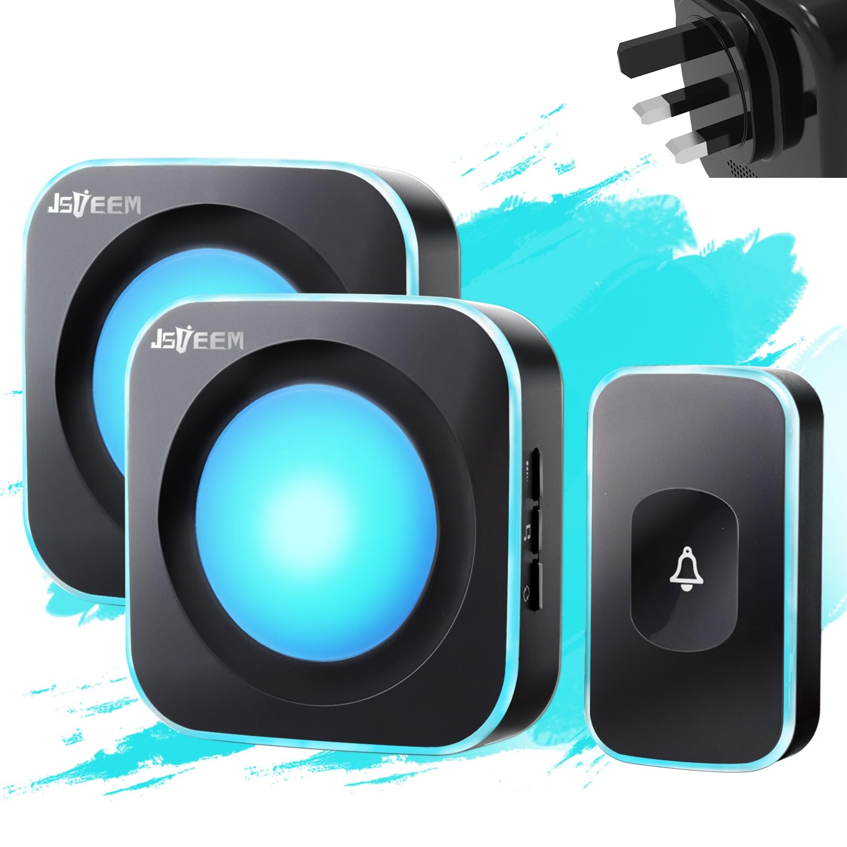 Jsieem 2Receivers 1Button Black Wireless Doorbell Plug In Door Chimes & Wireless Doorbell Plug In Door Chimes & Bells 1200 Feet Range With Flashing Light 4 Level Volume 36 Chimes (1 Button & 2 Receivers Black)