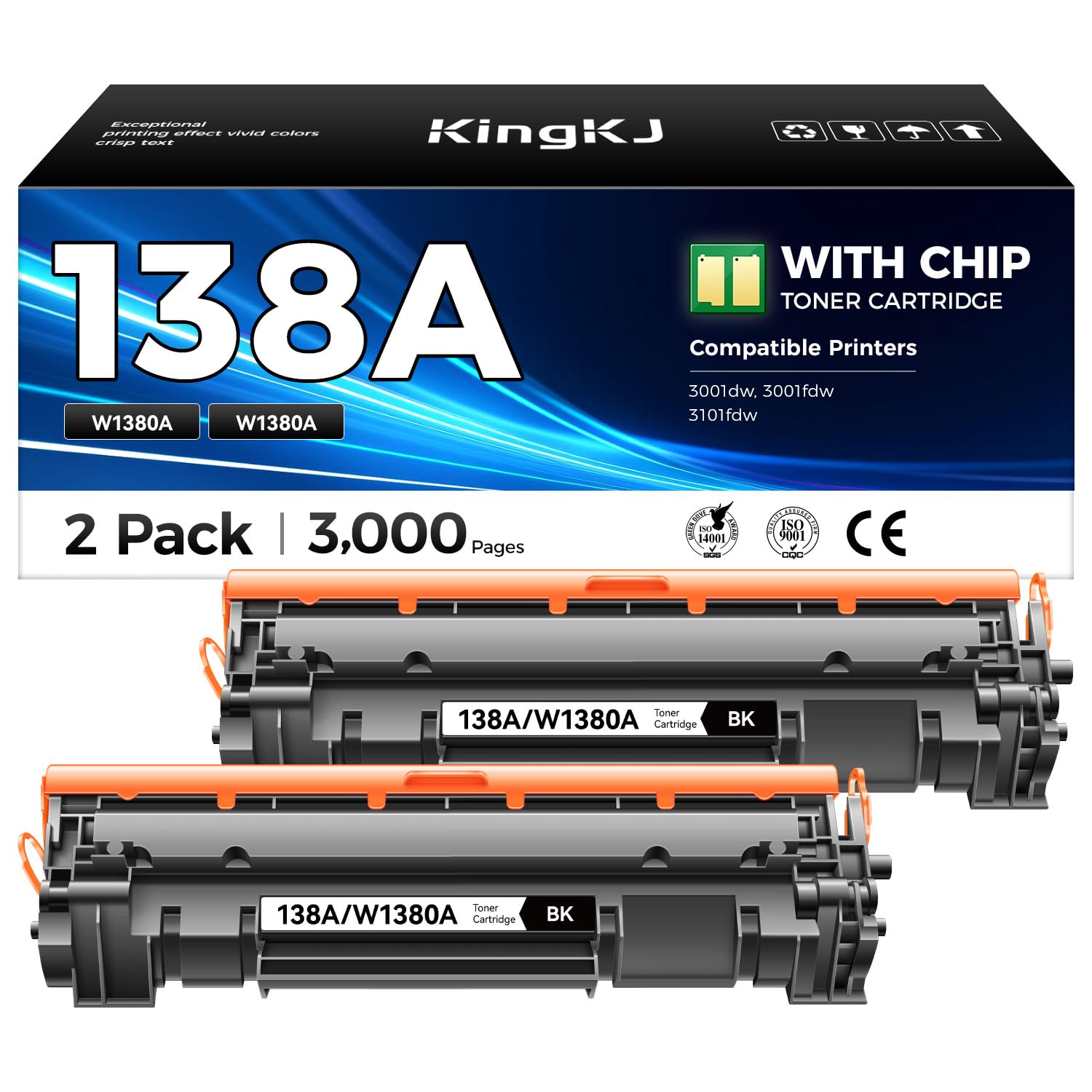 138A Toner Cartridge 2-Black with chip High Yield Replacement for HP 138X W1380X 138A W1380A Compatible with HP LaserJet Pro 3001dw 3001fdw MFP 3101fdw 3001dwe 3001fdwe 3101fdwe Printer Ink All-in-One