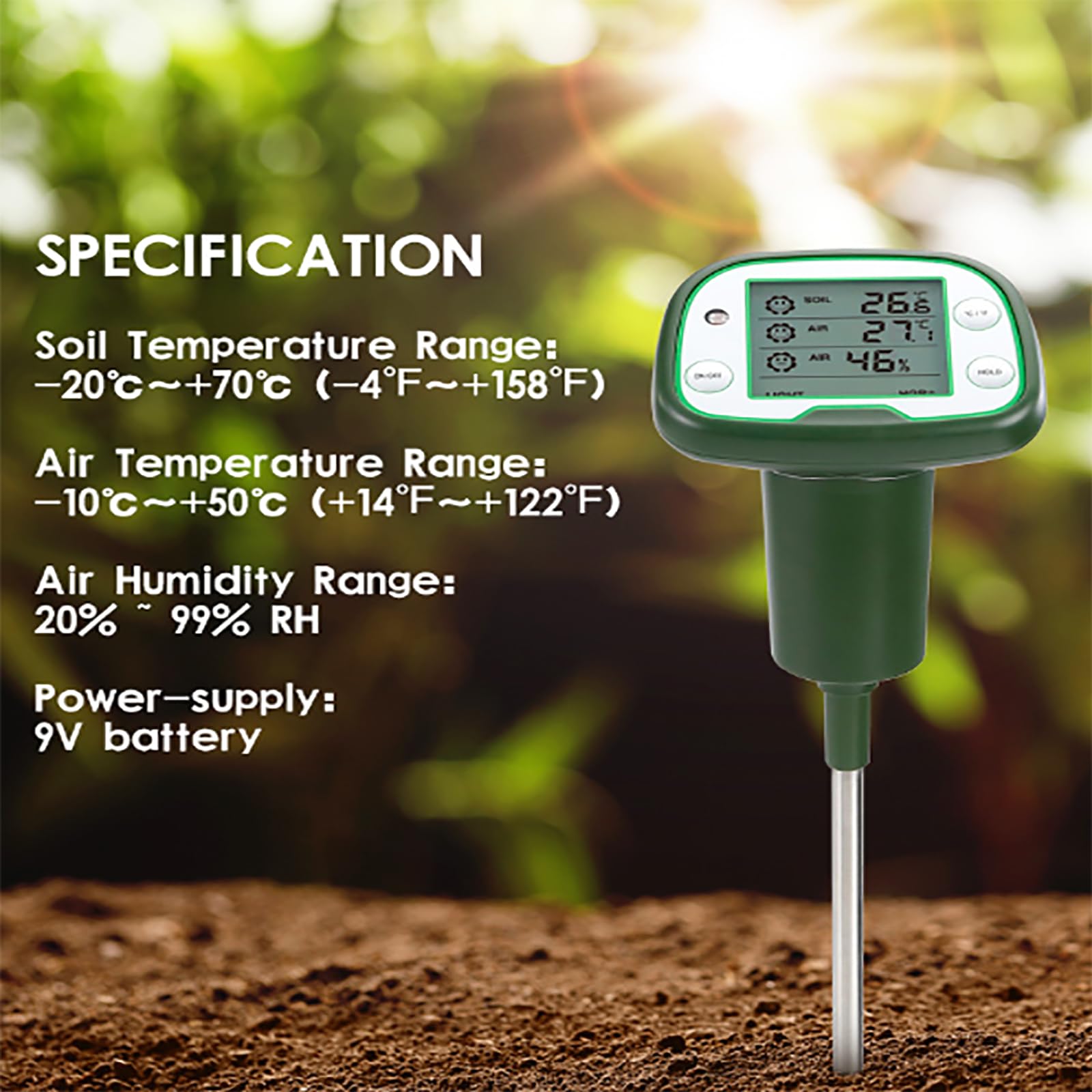 ERICAT Thermomètre De Sol Numérique, Testeur De Sol 3 en 1 avec Écran LCD, Plage De Température du Sol De -20 ℃ ~ + 70 ℃, Données De Mesure Et De Rétention Rapides Et Précises, pour Jardin, Herbe