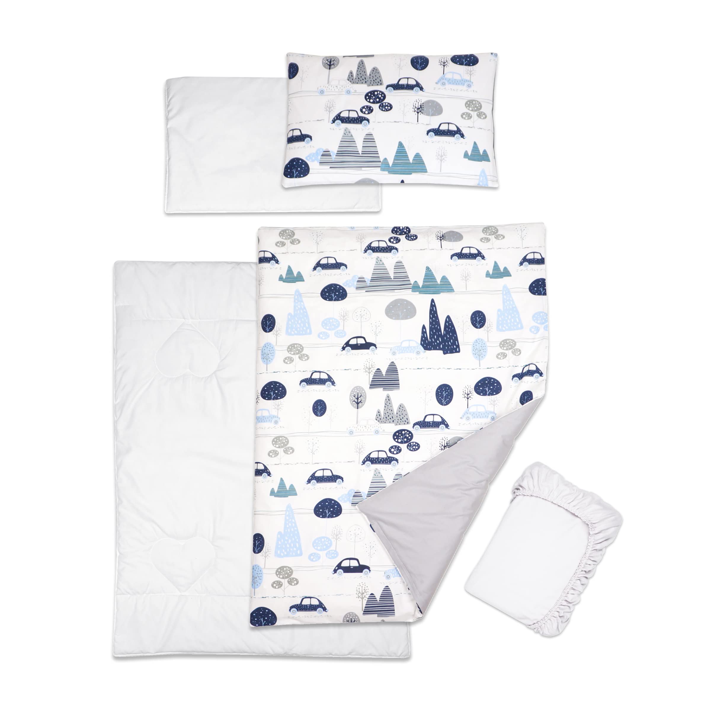 Baby Comfort 5 Piece Toddler Bedding Duvet Pillow with Covers & Jersey Sheet fits 120x60cm Cot Bed 12M+ (Cars)