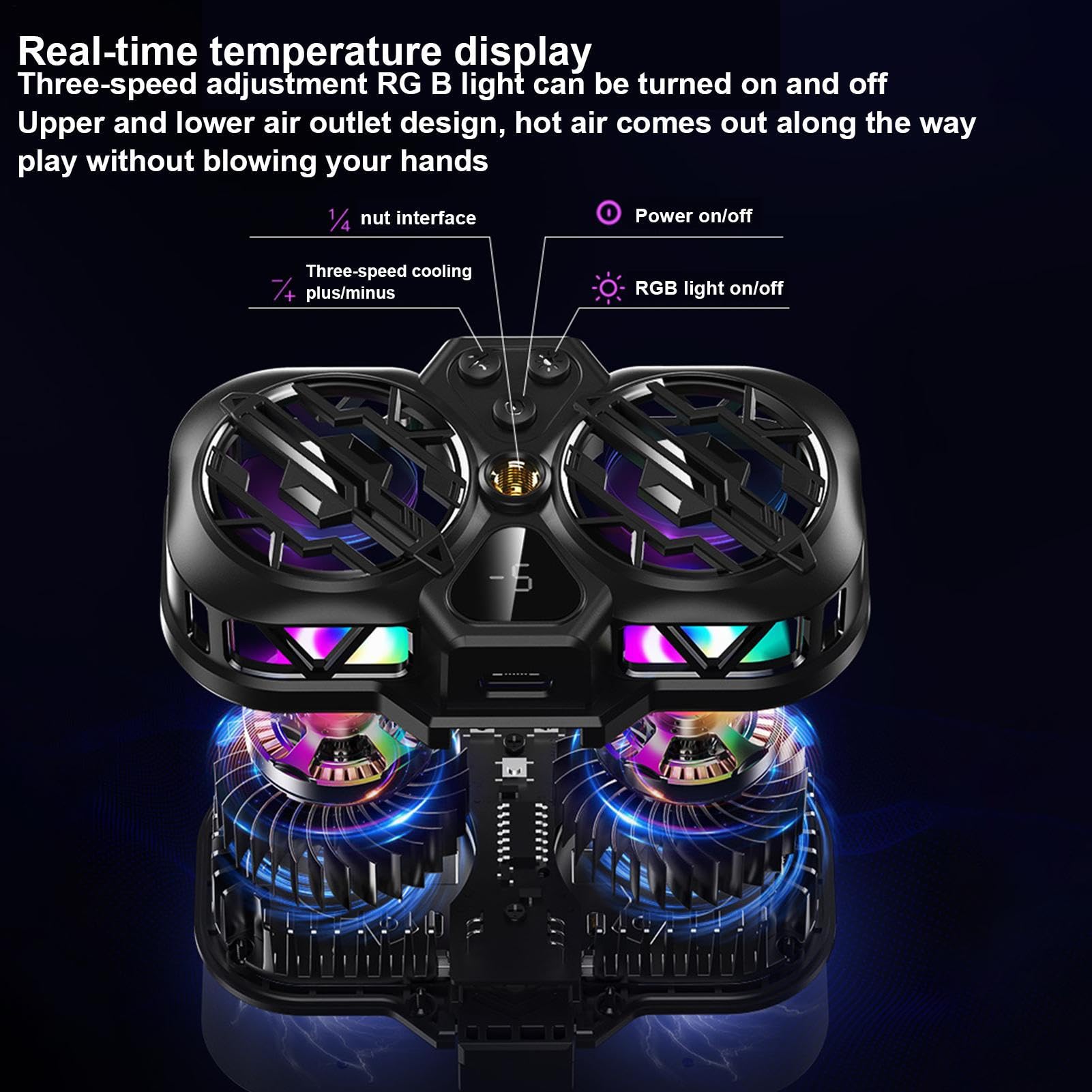 Phone Cooler, Core Mobile Blower, 2.68-3.46 inches Adjustable RGB Cooling Device, Quiet Operate, Two Fan System, Games Use, Smartphone Heat Reduction, Performance Booster