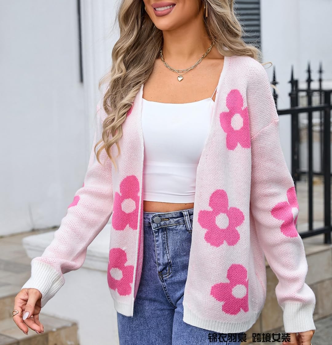 Pull Cardigan Fleuri pour Femmes, Cardigan Doux Tricoté Ouvert À L’Avant avec Motif Floral, Manteau Léger À Manches Longues, pour Le Port Quotidien Décontracté du Printemps Automne