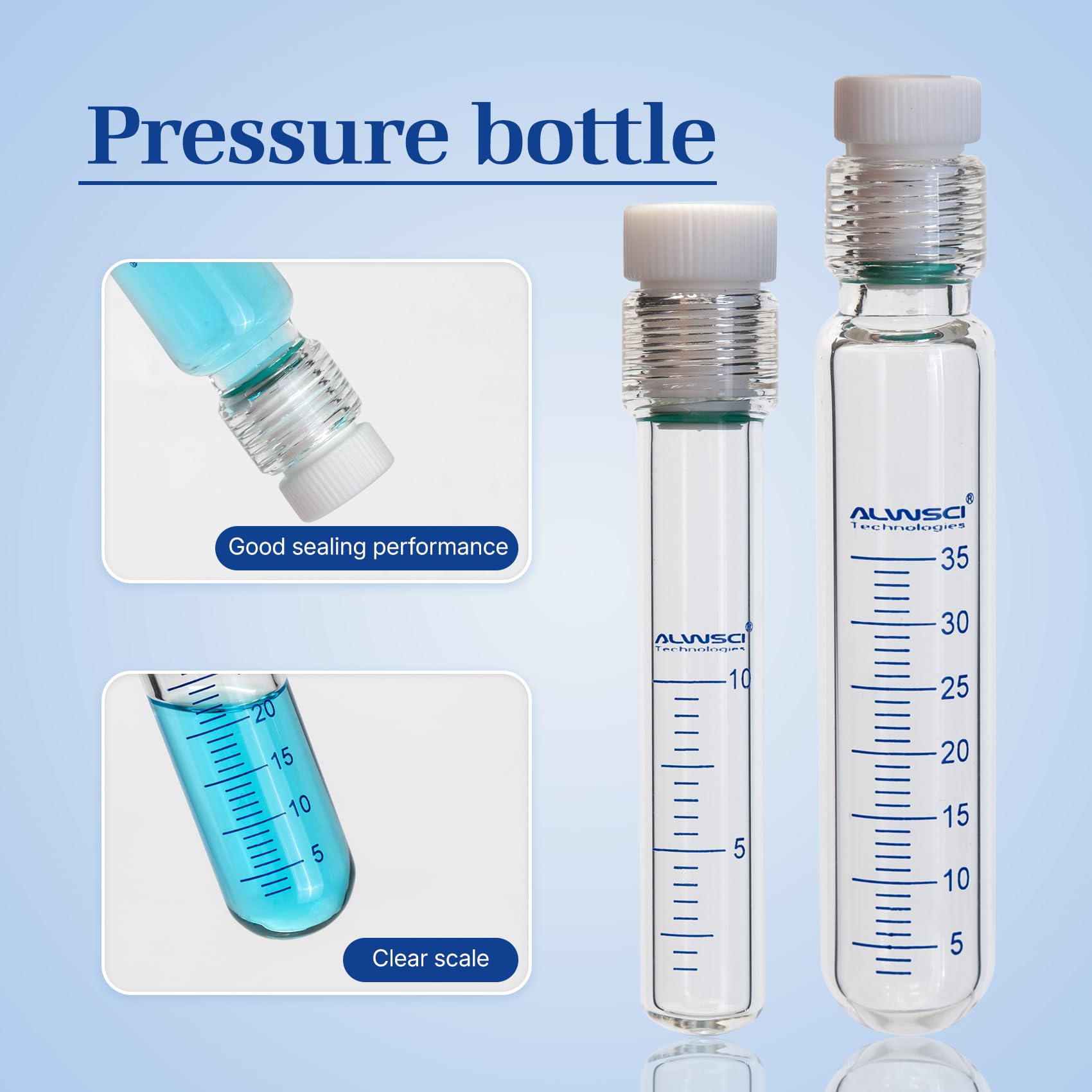 ALWSCI 100 mL Frasco de Presión de Pared Gruesa con Tapón Roscado de PTFE, Borosilicato 3.3, Recipiente de Vidrio para Alta Presión de Laboratorio 40x205mm