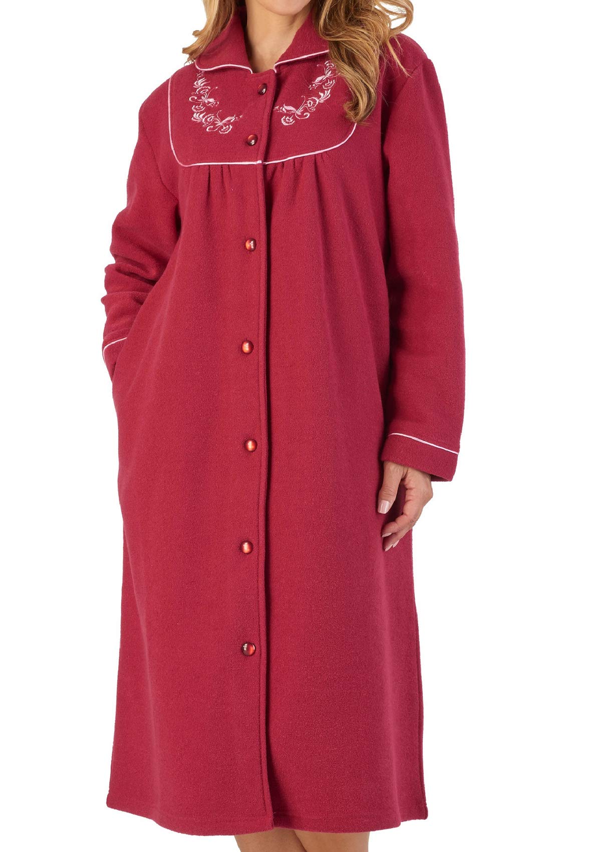 Slenderella Womens Button Up Dressing Gown Soft Boucle Fleece Embroidered Housecoat XL (Raspberry)