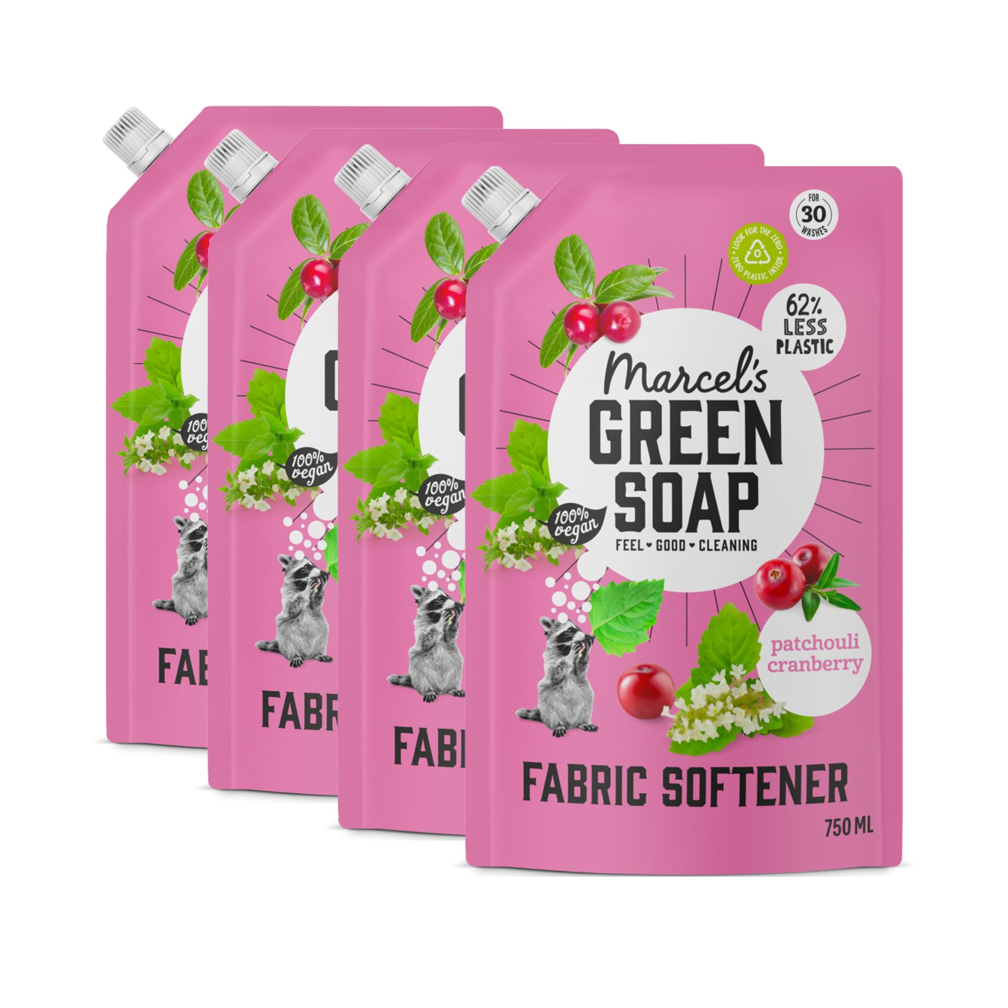 Marcel's Green Soap - Fabric Conditioner Refill Patchouli & Cranberry - Fabric Softener - Vegan - Natural Ingredients - 3000 ml, 750 ml (Pack of 4)