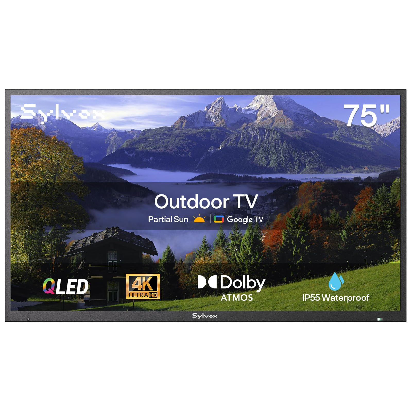 SYLVOX 75" Google TV da Esterno, QLED 4K UHD 1000Nits, IP55 Impermeabile | Outdoor TV Dolby Atmos, Tuner DVB-T2/S2/C HEVC 10, WiFi, Google Assistant, per Giardini, Terrazza (Deck Pro 2.0 QLED)