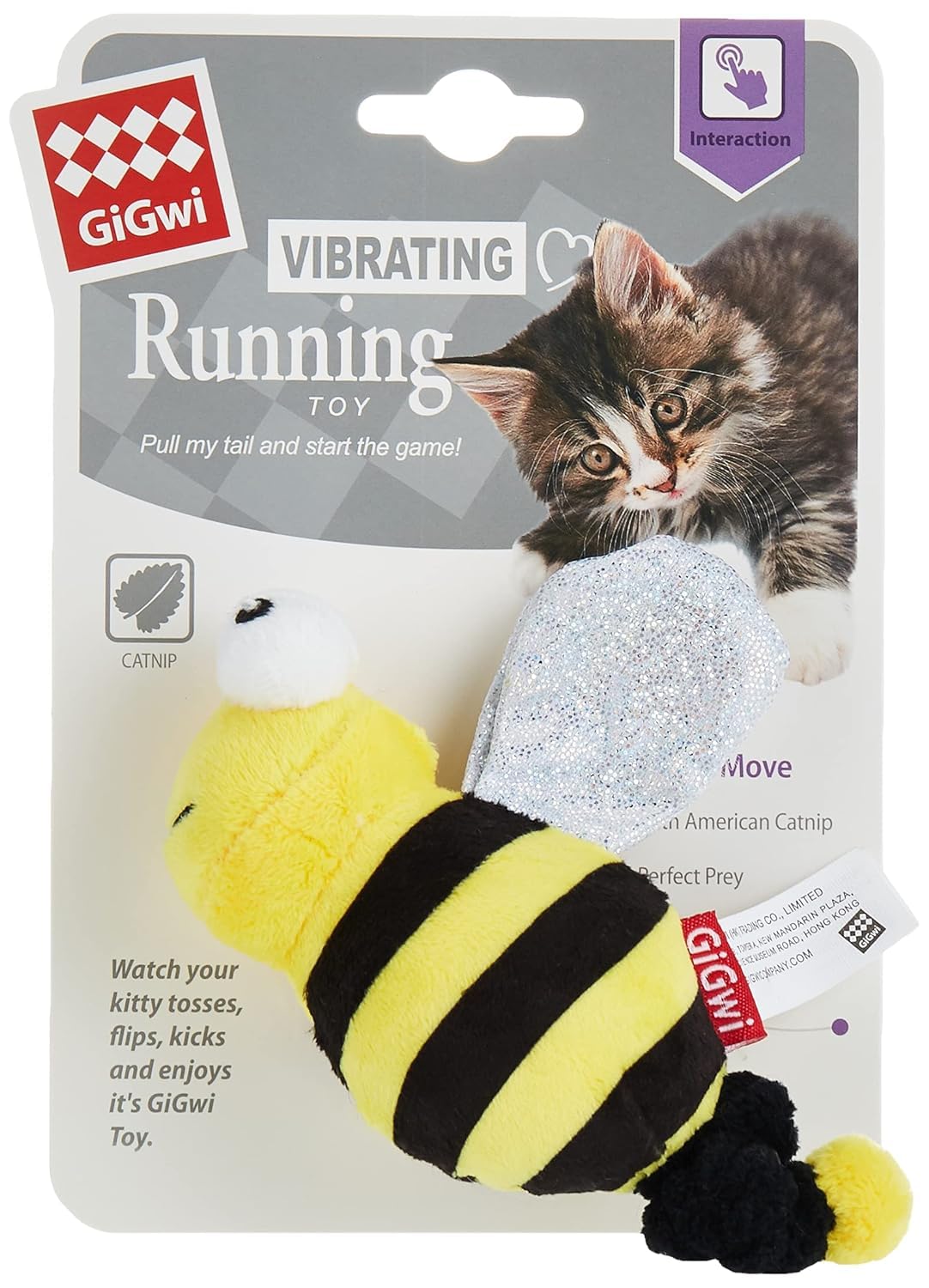 GiGwi Vibrating Running Bee Cat Toy, Motion-Activated Vibrating Toy with Realistic Bug Shape, Filled with Organic American Catnip, Engaging Crinkle Wings for Interactive Play for Indoor Cats, Kittens