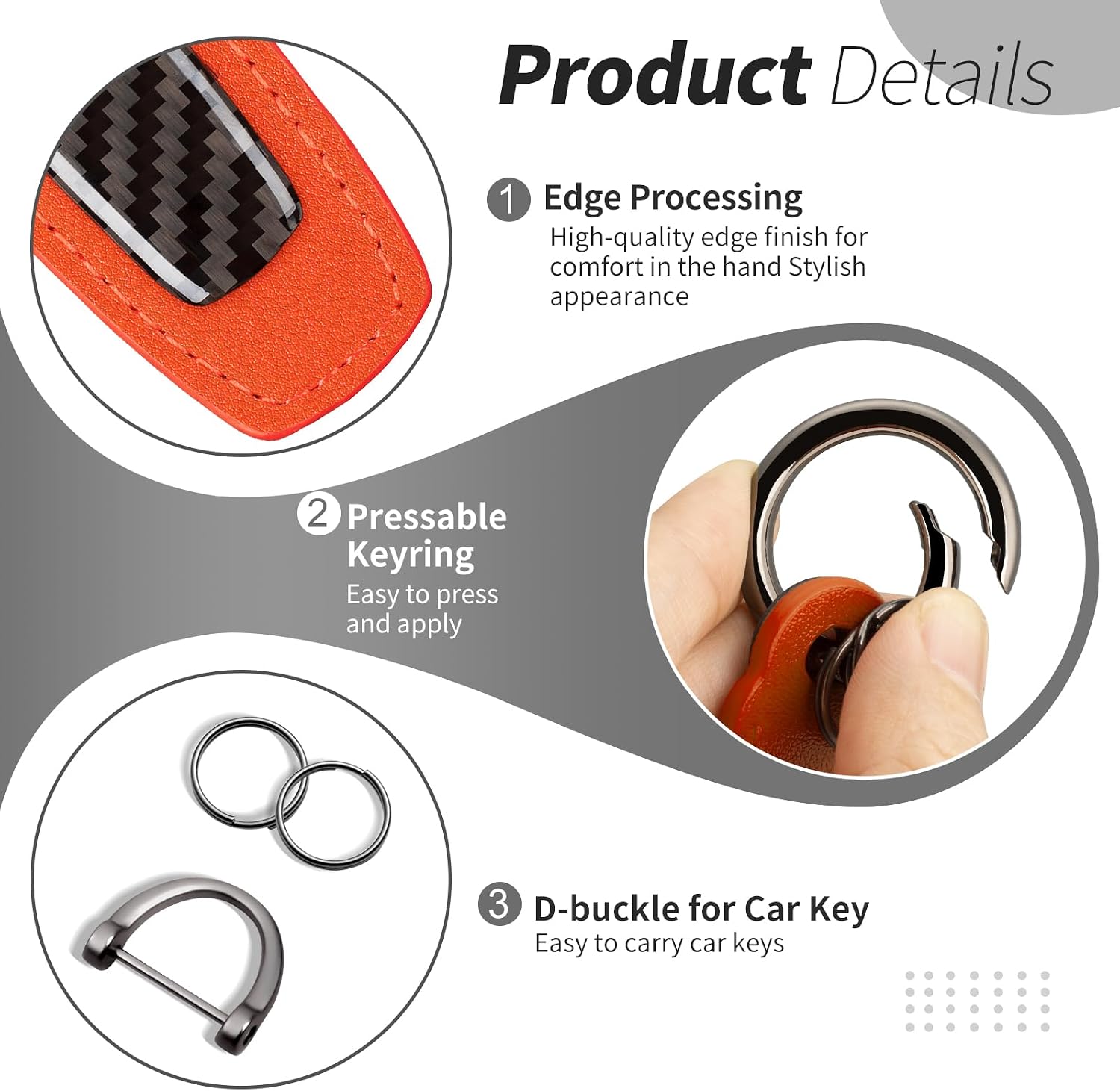 T-carbon Genuine Leather Key Chain for Car Keys,Key Fob Keychain with Anti-Lost D-Ring,Car Key Accessories