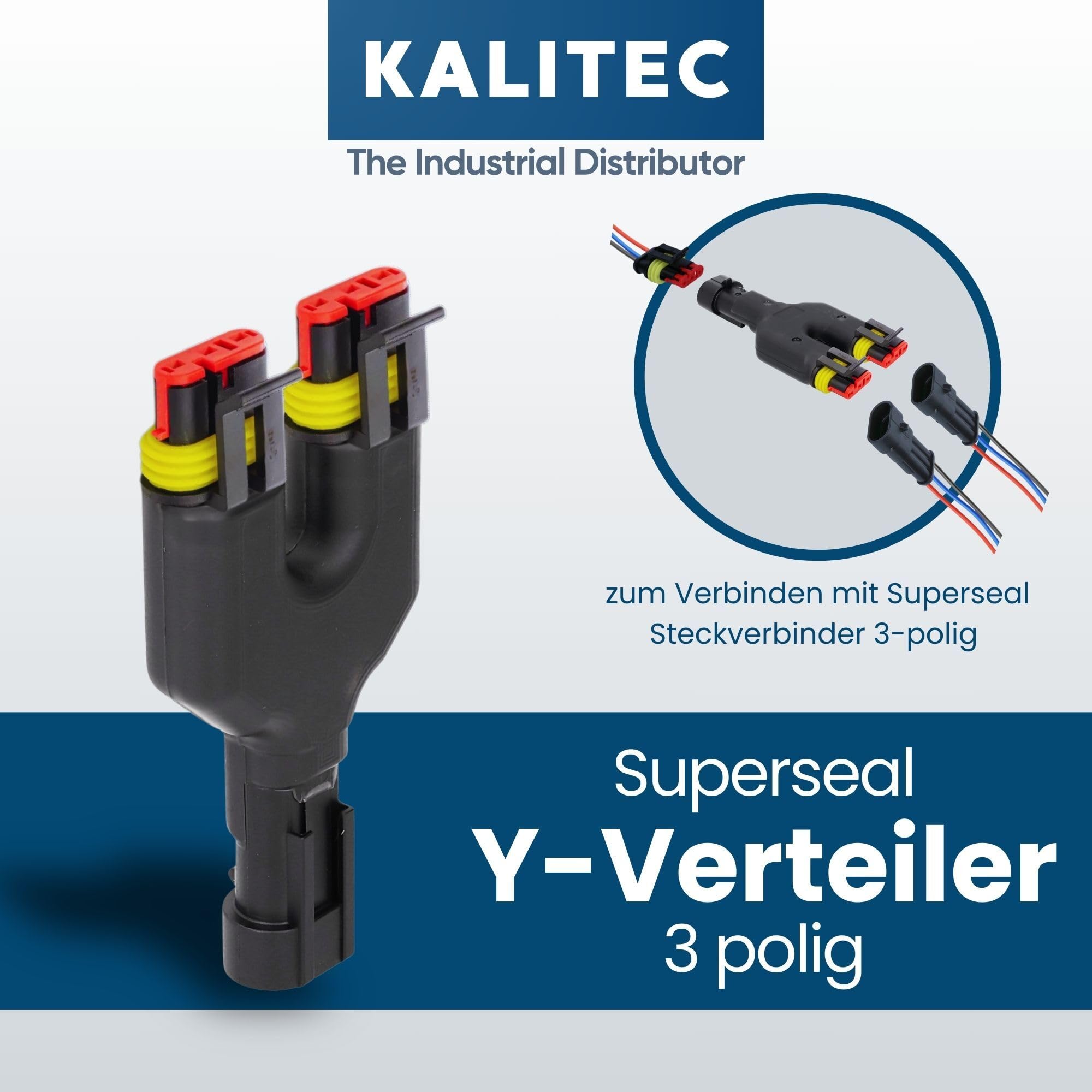 Kalitec Superseal Rozdzielacz Y 3-Pin, 1,5 mm, Wtyczka Samochodowa IP69K | Wodoszczelne Złącze 3-Drożne do Aut i Łodzi, 24V DC, 13A, Odporne na Olej i Paliwo, Bezpieczna Blokada Zatrzaskowa