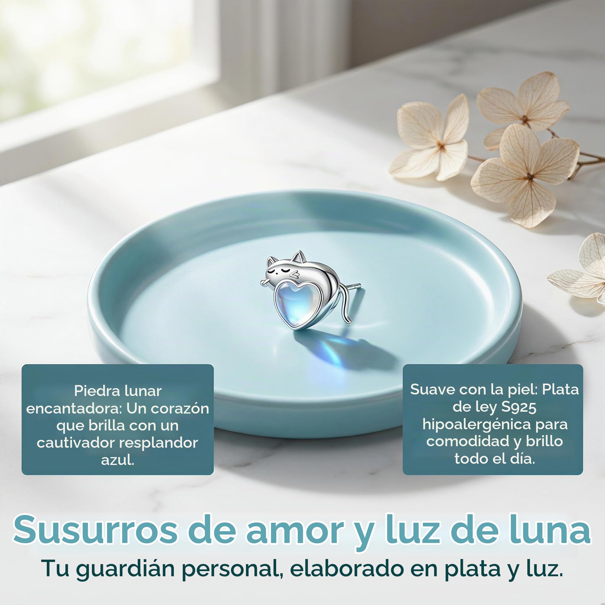 AXELUNA Pendientes de gato o perro, de plata de ley, con piedra lunar, diseño de gato, bonitos aretes de tuerca de animales, regalos de joyería para mujer, talla única, Plata de ley, Piedra lunar