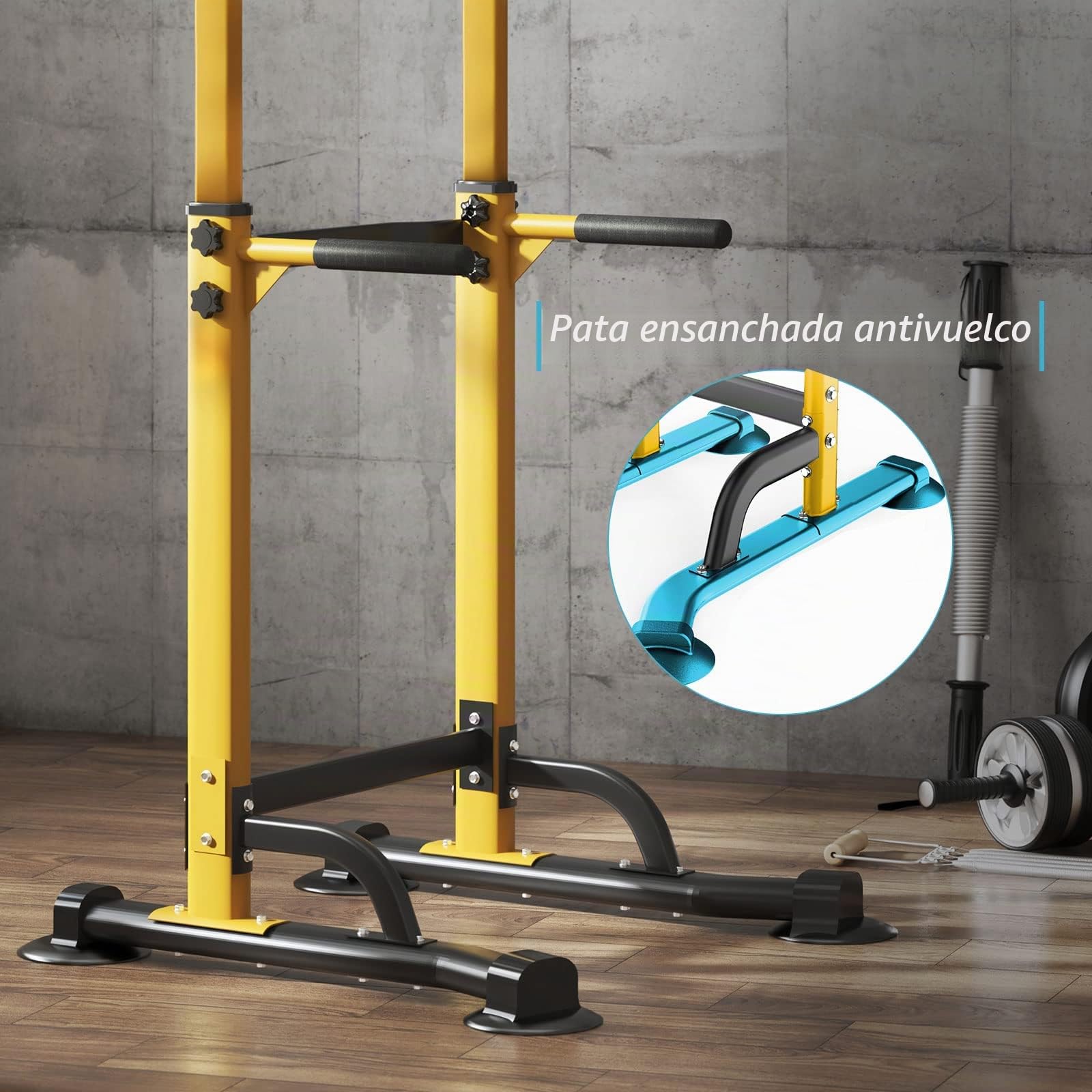 DlandHome Power Tower Estación de Fondos Barra de Tracción o Estación de Musculación Ajustable, Silla Romana para Dips con Barra para dominadas Amarillo/Negro