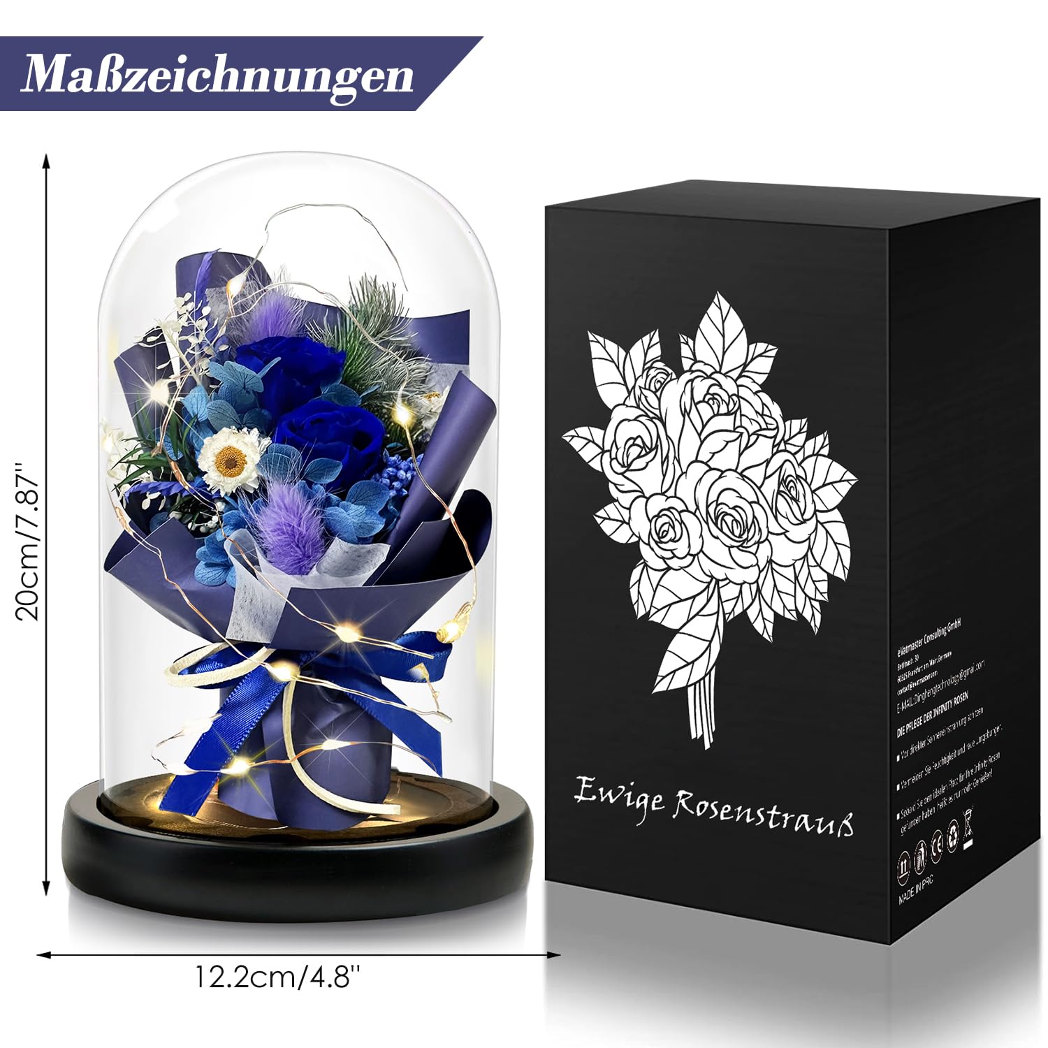 Regalo para mujeres, rosa eterna en cristal con LED, ramo de rosas azules, decoración para el hogar, flores reales duraderas para mamá, novia, esposa, abuela (azul)