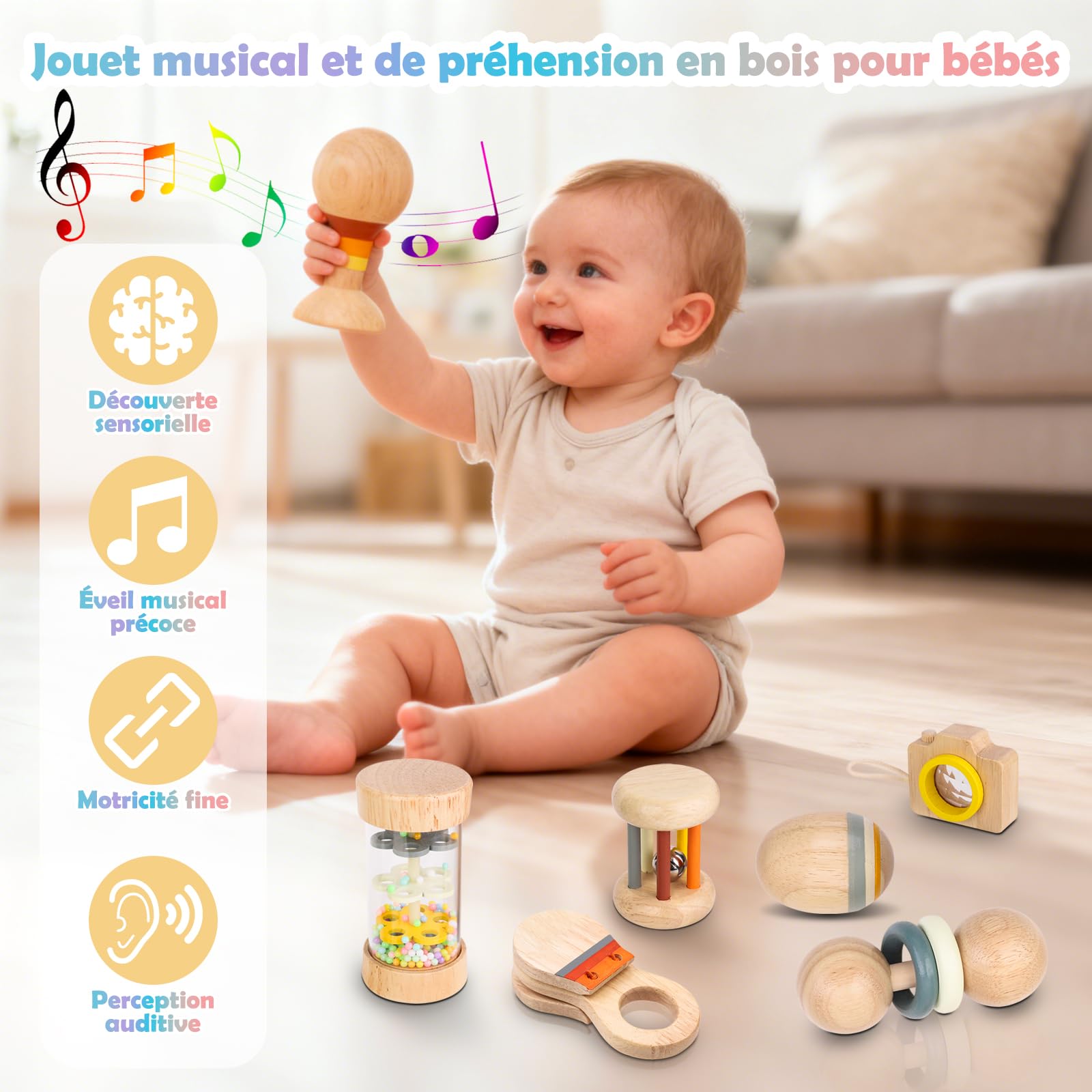 Jouets Bébé Montessori en Bois 7-en-1, Set Sensoriel en Bois Naturel pour Bébés de 0 à 12 Mois, Favorisant la Motricité, l’Éveil Musical et la Découverte Précoce, avec Sac de Rangement
