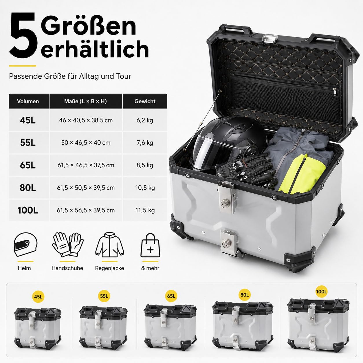 Baúl Moto y Scooter de Aluminio, Top Case Moto con Cerradura, Respaldo, Forro Interior y Base de Liberación Rápida, Maleta Trasera Resistente al Agua para Casco,Plata,45L