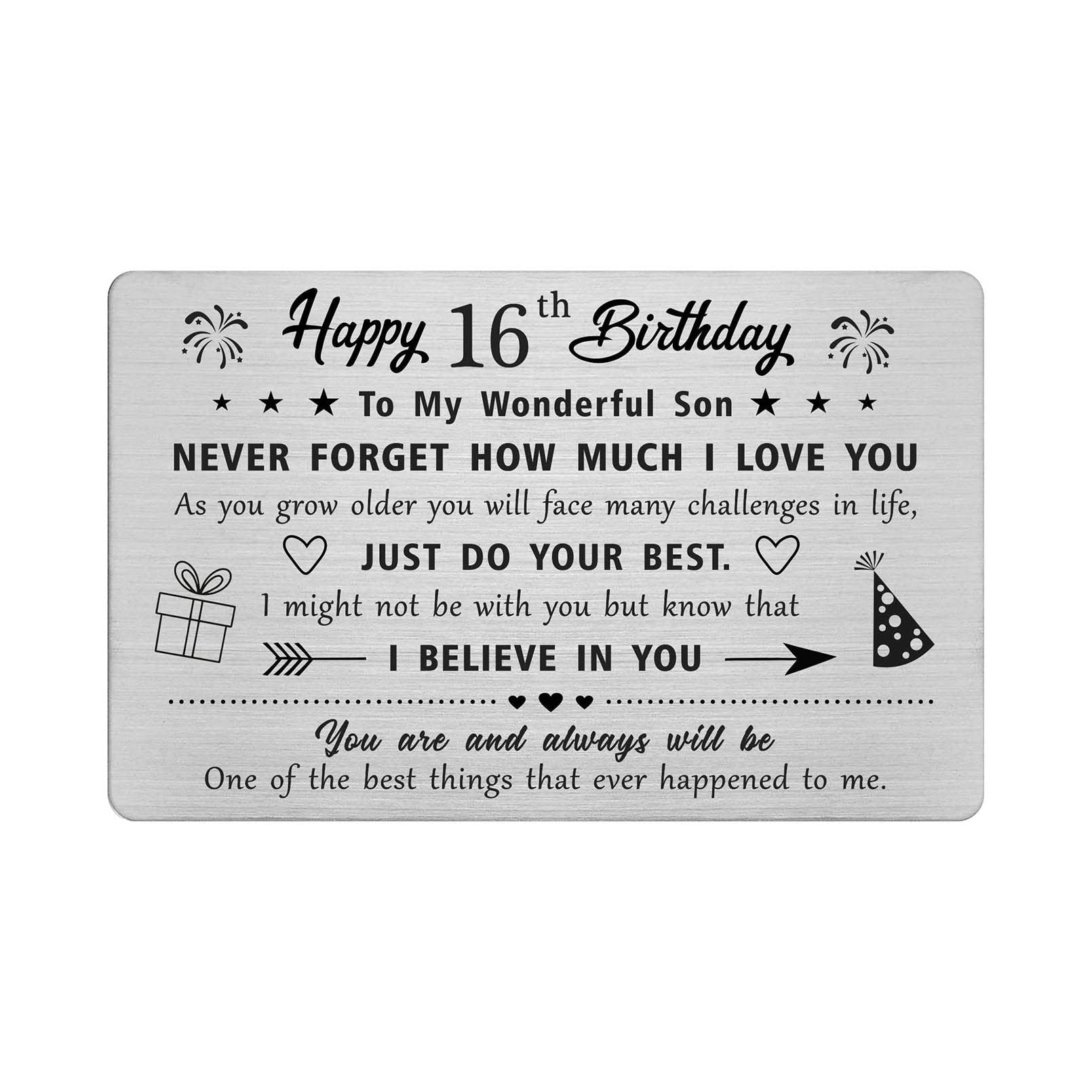 FALOGIJE Son 16th Birthday Card, Gifts for 16 Year Old Son, 16th birthday Decorations, Engraved Metal Wallet Card