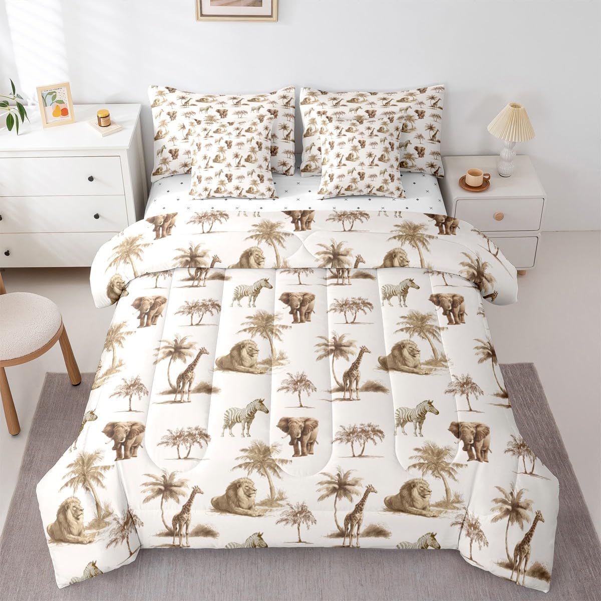 Feelyou Jungle Animals Comforter Set with Sheets 7 Piece Queen Size Elephant Bedding Set for Kids Boys Girls Lion Bed in a Bag Zebra Room Decor Cute Giraffe Wildlife Brown