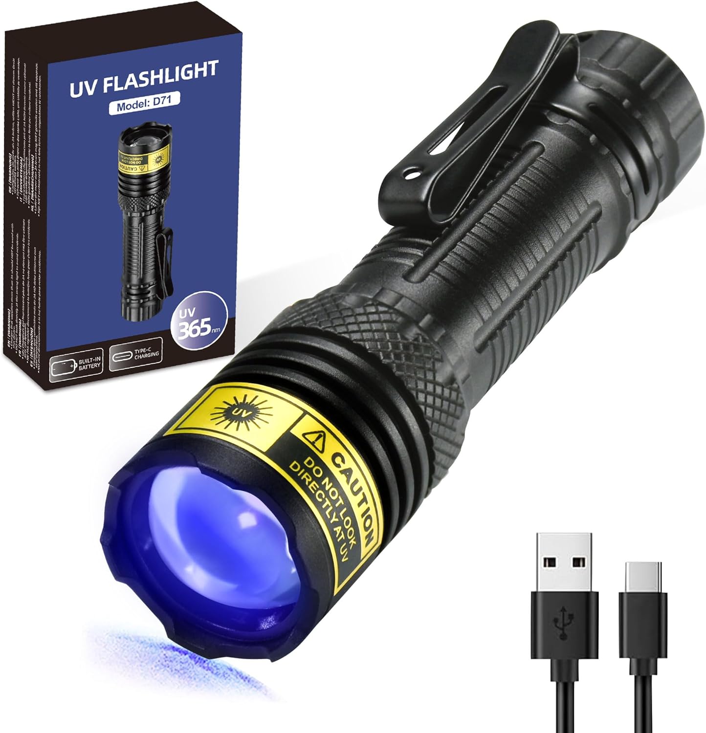 DARKDAWN UV Flashlight 365nm Black Light，Mini & Powerful USB- C Flashlights LED Rechargeable Woods Lamp， Portable Adjustable Focus Blacklight Flashlights for Uranium Glass, Money, Pet Urine Stains