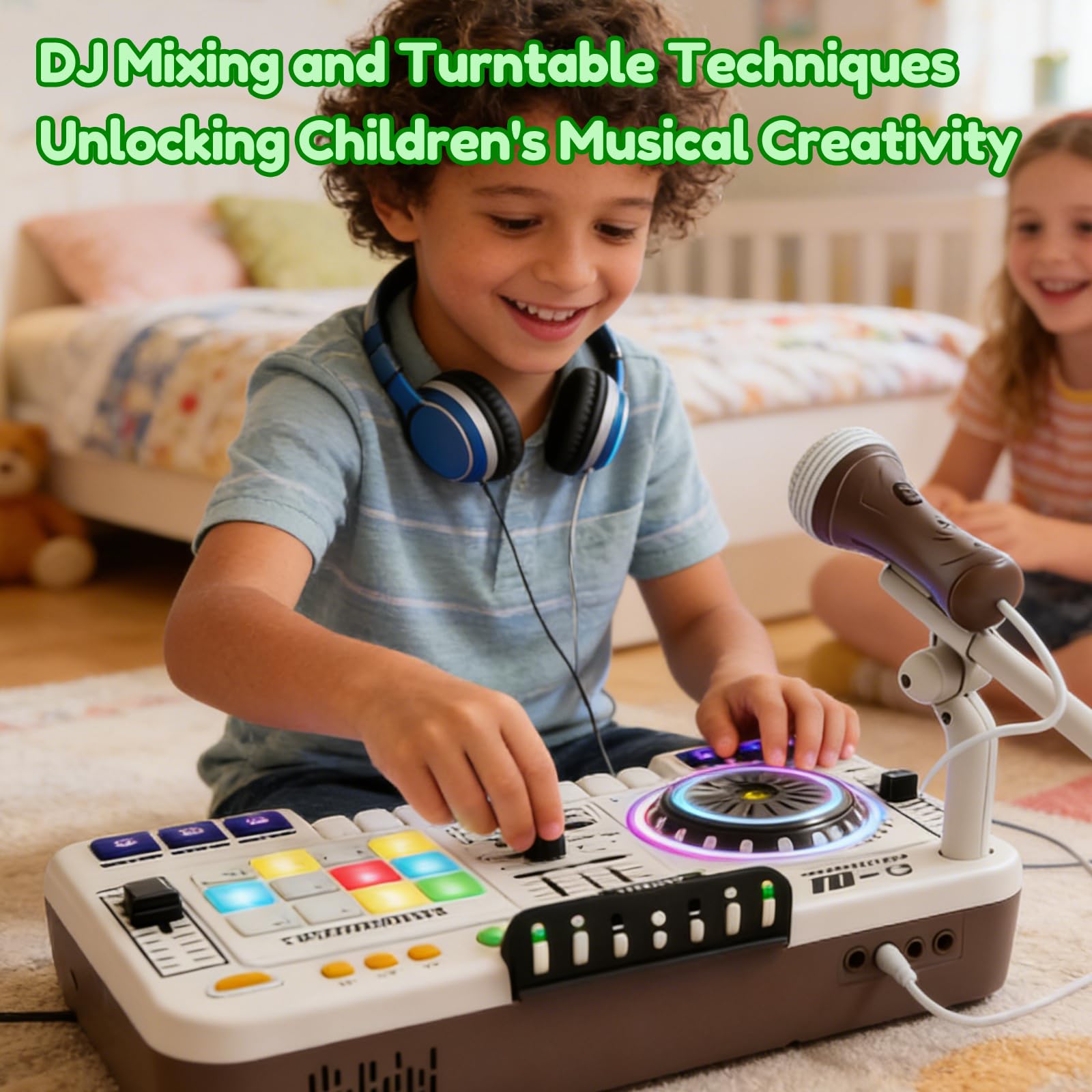 Table de Mixage DJ Enfants, DJ Mixer Controller pour enfant Platines avec Microphone, Effets de Lumière, Mode de Jeu, Mixeur DJ, Jouet Musical Interactif peut être Bluetooth pour Garçons et Filles