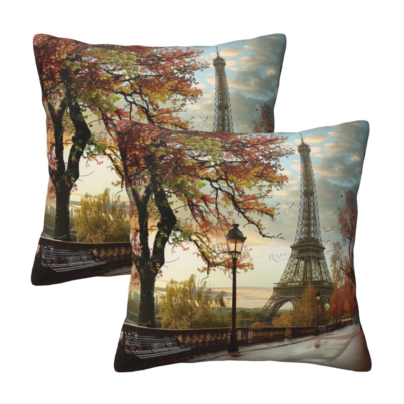 Paris City Tree Eiffel Tower Art Throw Pillow Cases 2 Pack Square Pillowcases Soft Pillow Protectors for Couch Livingroom Sofa Bed Office Car,30x30 CM