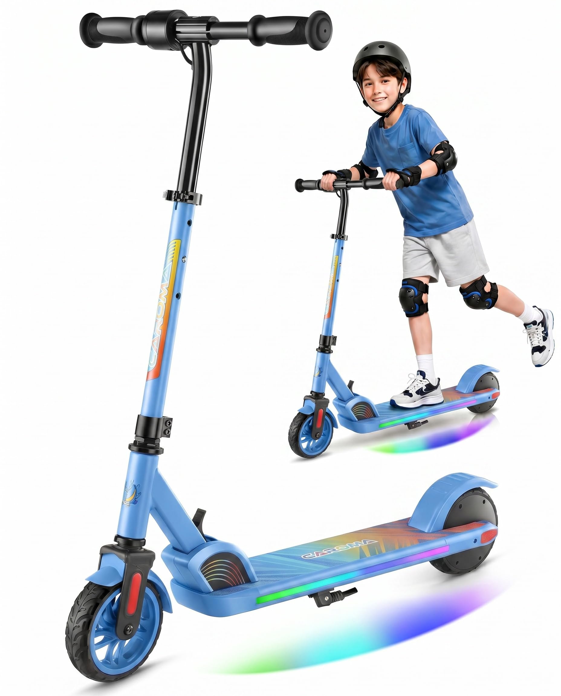 Caroma Electric Scooter for Children from 6-12 Years, 150 W Motor up to 16 km/h E Scooter, Foldable E Scooter with Colourful Lights and LED Display, 80 Minutes Driving Time, Adjustable Speed and