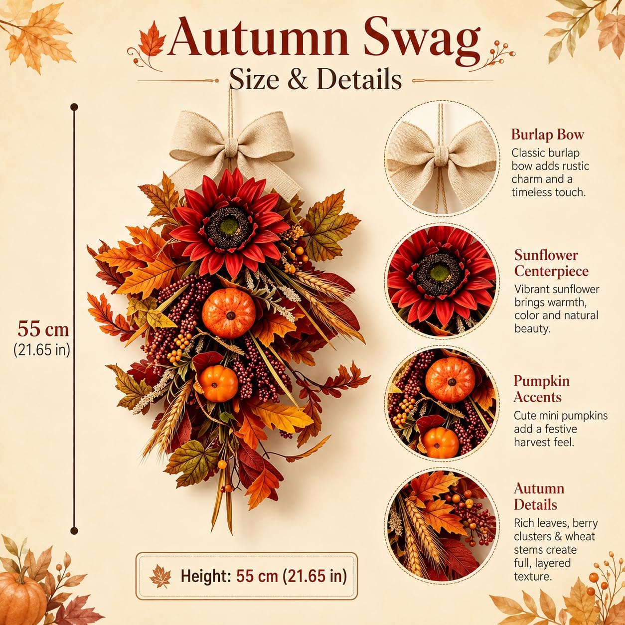 2 Pack Fall Sunflower Teardrop Swags Wreaths for Front Door Autumn Flowers Pumpkin Berries Maple Leaf Mailbox Swag Thanksgiving Teardrop Swags Wreaths for Kitchen Cabinets Farmhouse Window Decor