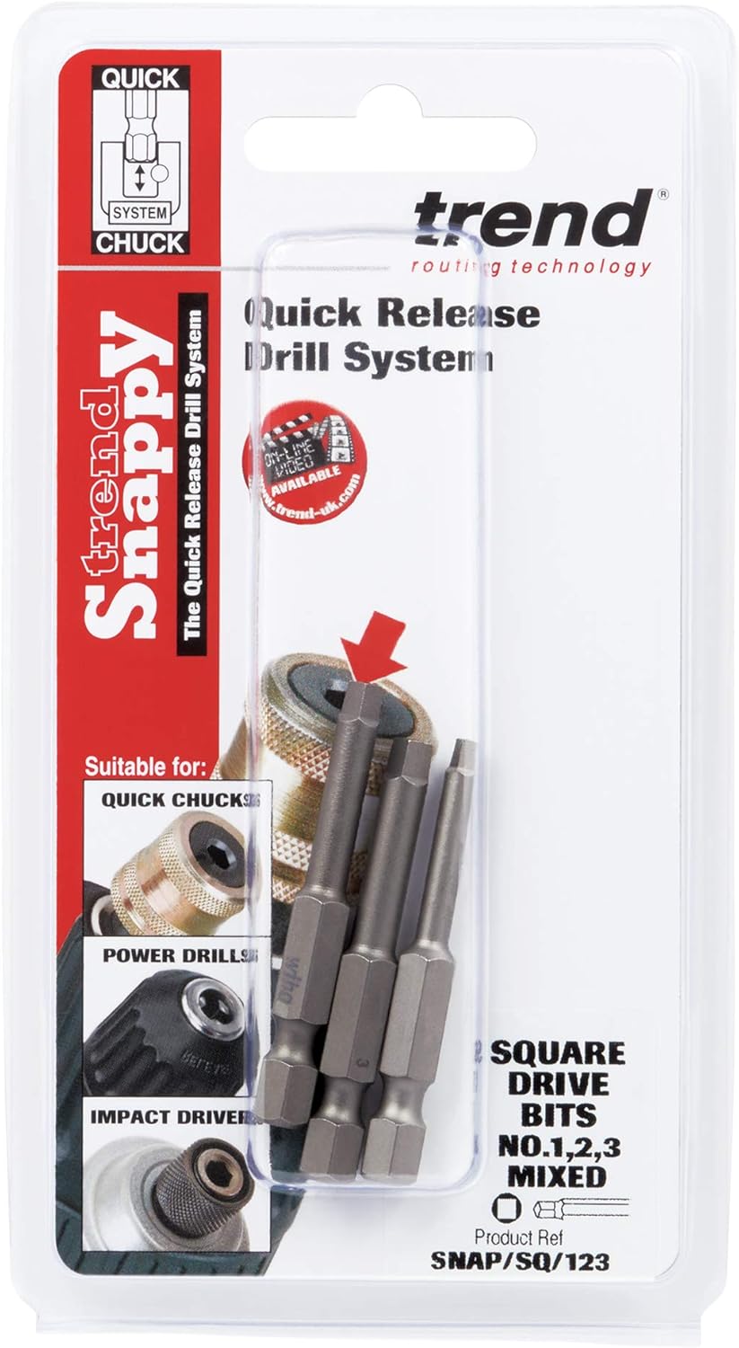 Trend Snappy 3-Pack Robertson Square Drive Bits Set, 50mm Length, Quick Chuck Compatible, Sizes No.1, No.2, No.3, SNAP/SQ/123, Silver